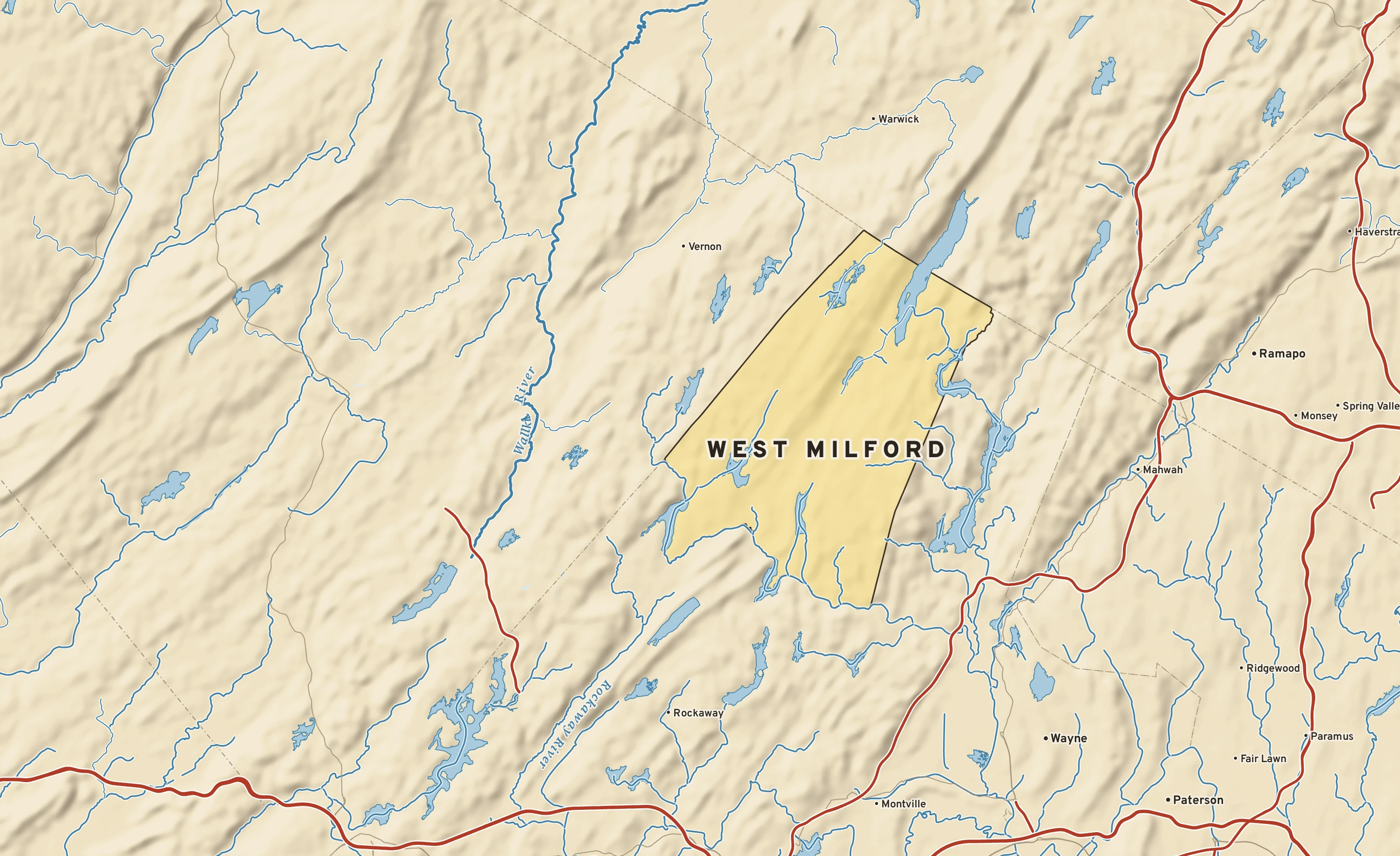 Shaded-relief atlas plate of West Milford, New Jersey: rivers, roads, the city limits and where the water drains.
