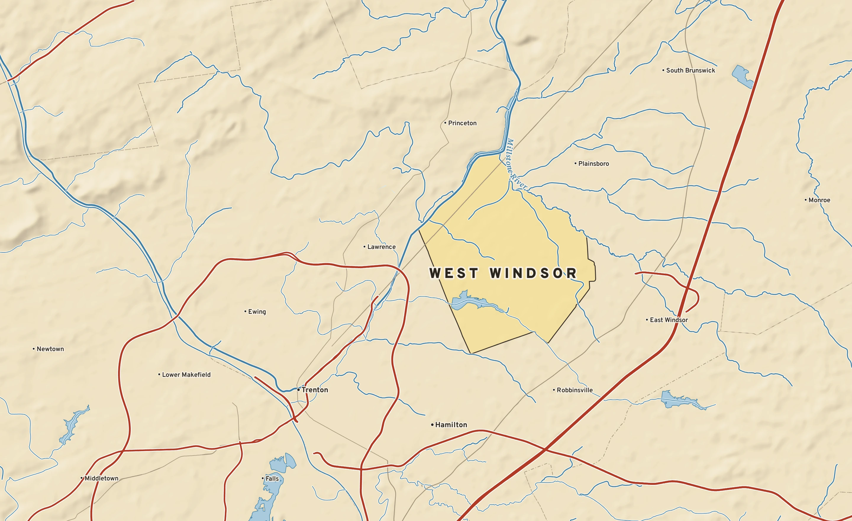 Shaded-relief atlas plate of West Windsor, New Jersey: rivers, roads, the city limits and where the water drains.