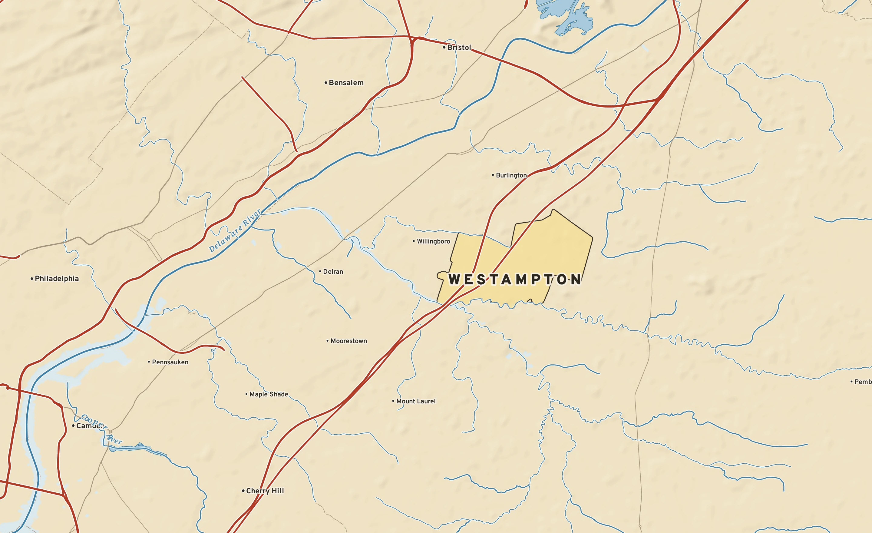 Shaded-relief atlas plate of Westampton, New Jersey: rivers, roads, the city limits and where the water drains.