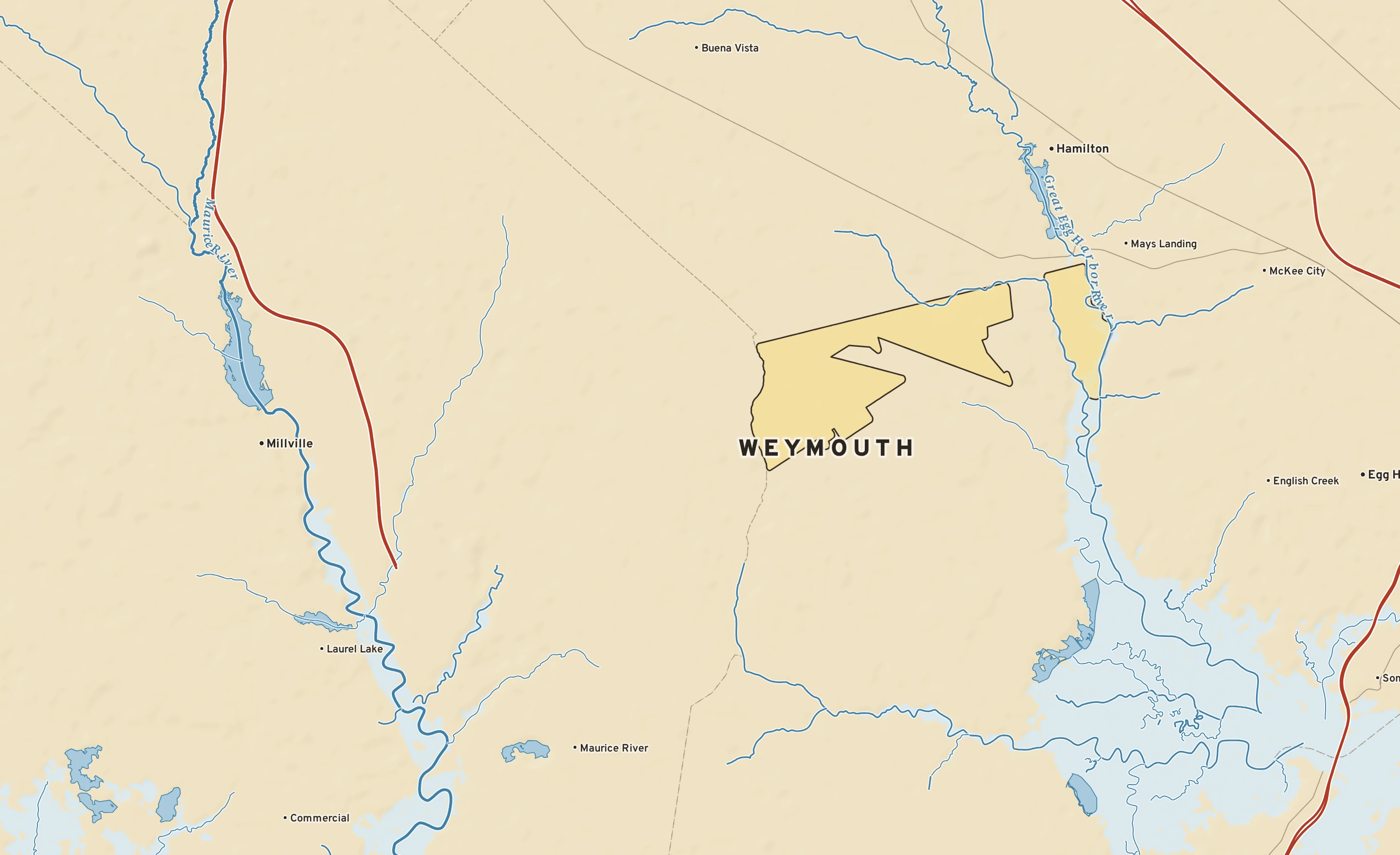 Shaded-relief atlas plate of Weymouth, New Jersey: rivers, roads, the city limits and where the water drains.