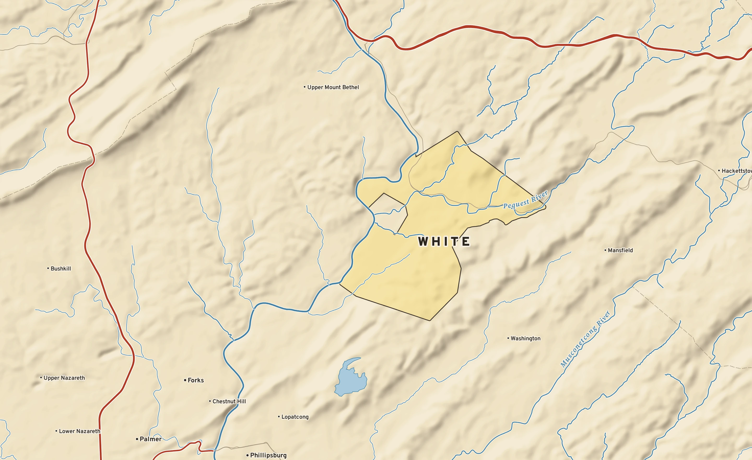 Shaded-relief atlas plate of White, New Jersey: rivers, roads, the city limits and where the water drains.