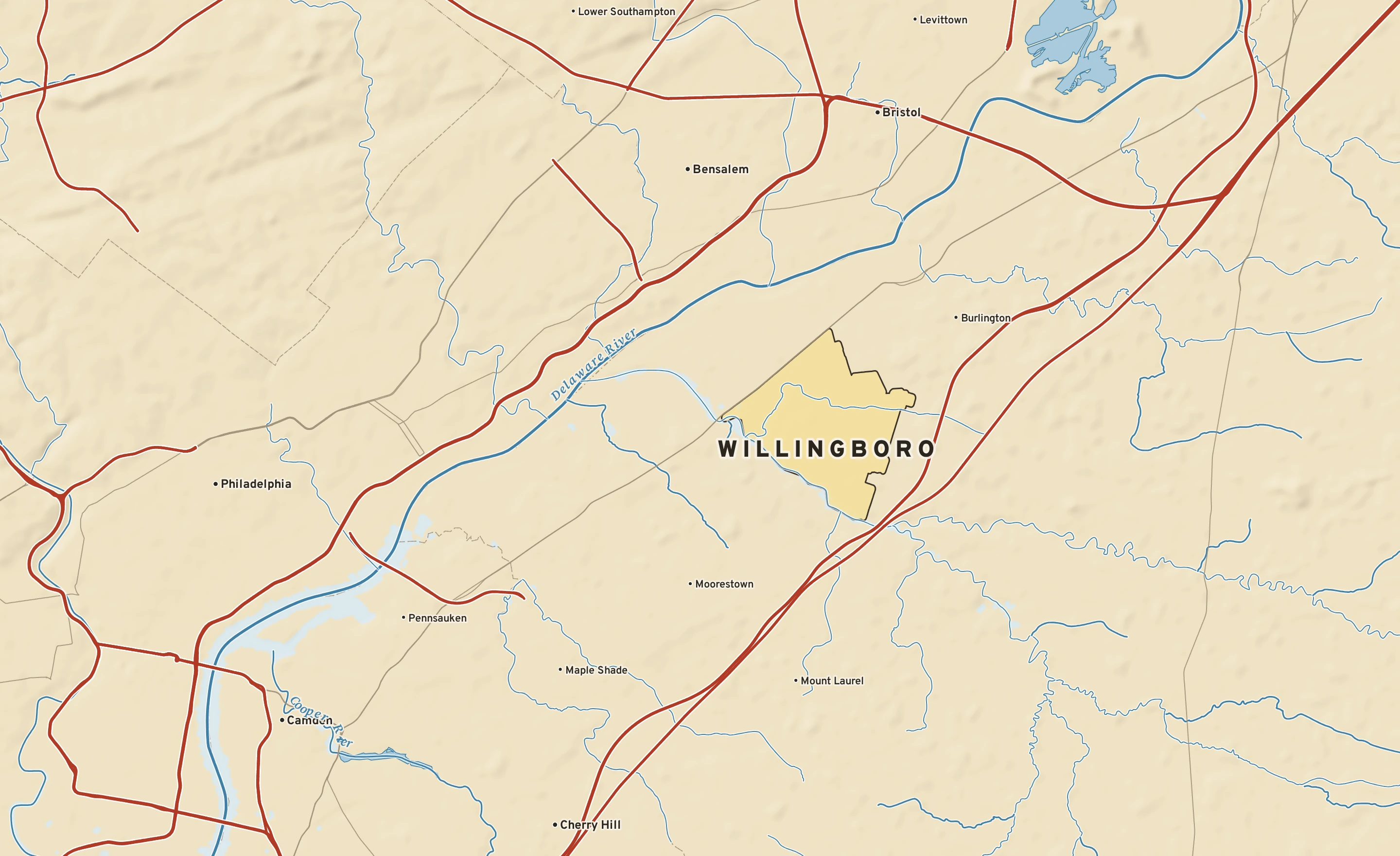Shaded-relief atlas plate of Willingboro, New Jersey: rivers, roads, the city limits and where the water drains.