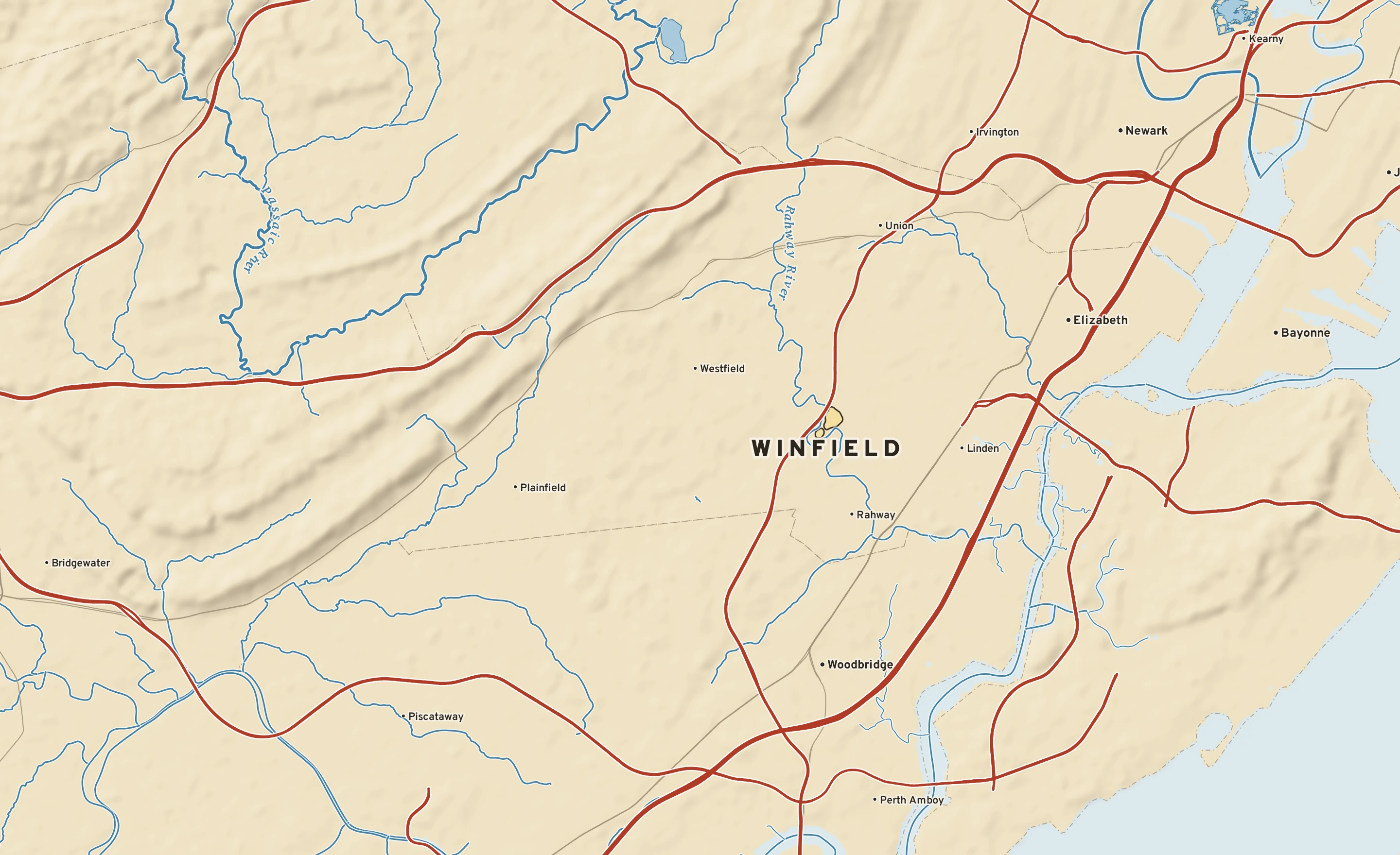 Shaded-relief atlas plate of Winfield, New Jersey: rivers, roads, the city limits and where the water drains.