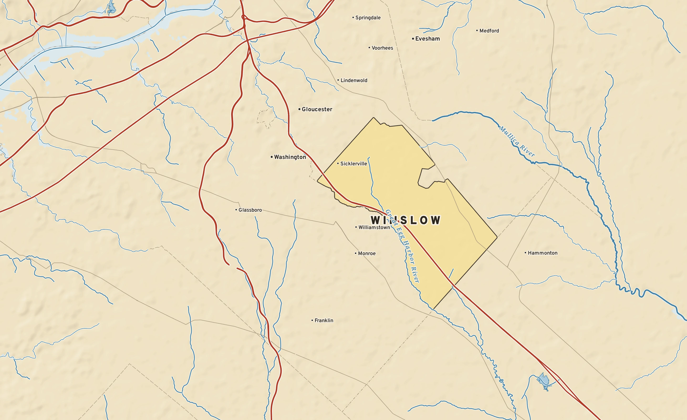 Shaded-relief atlas plate of Winslow, New Jersey: rivers, roads, the city limits and where the water drains.