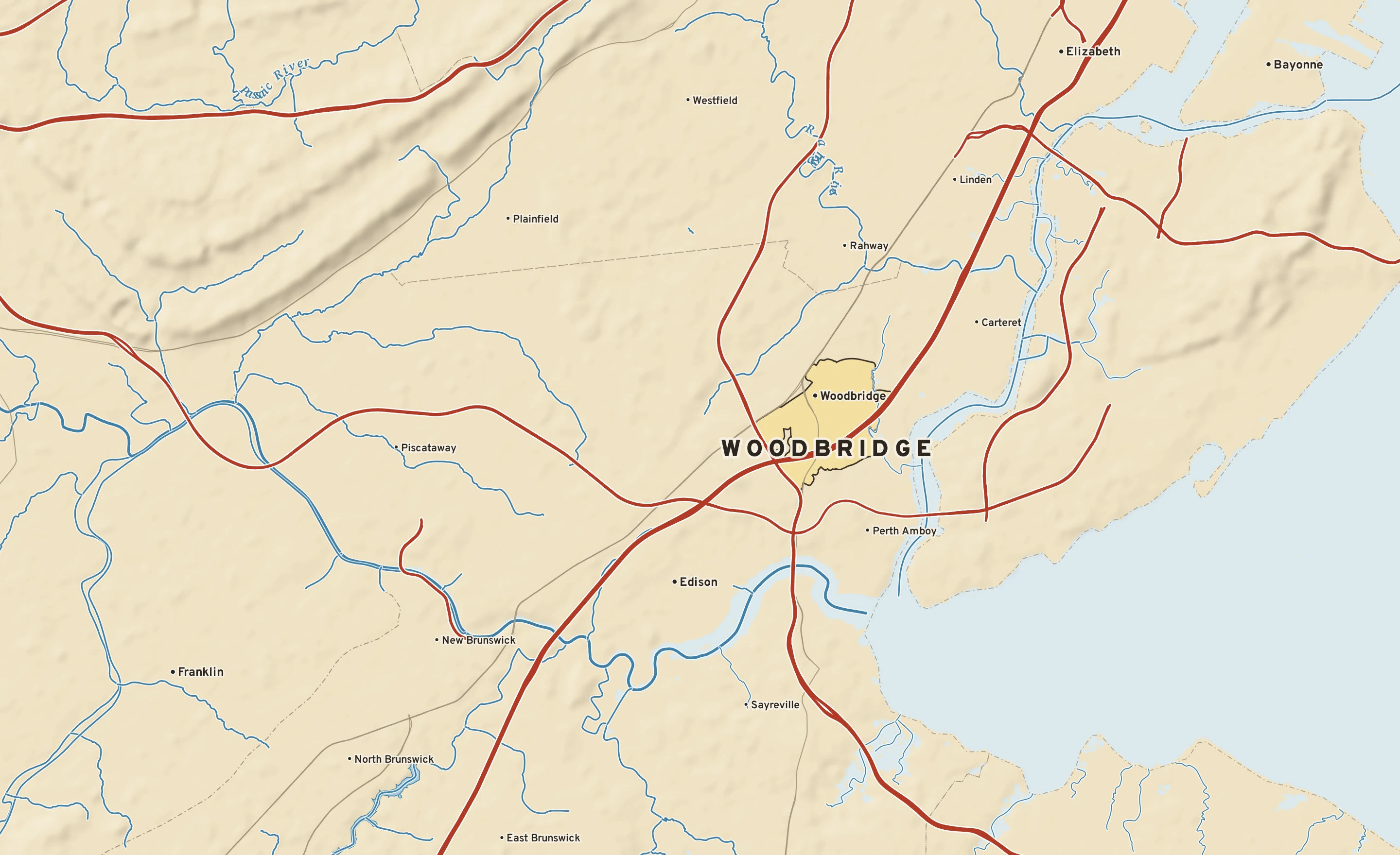 Shaded-relief atlas plate of Woodbridge, New Jersey: rivers, roads, the city limits and where the water drains.