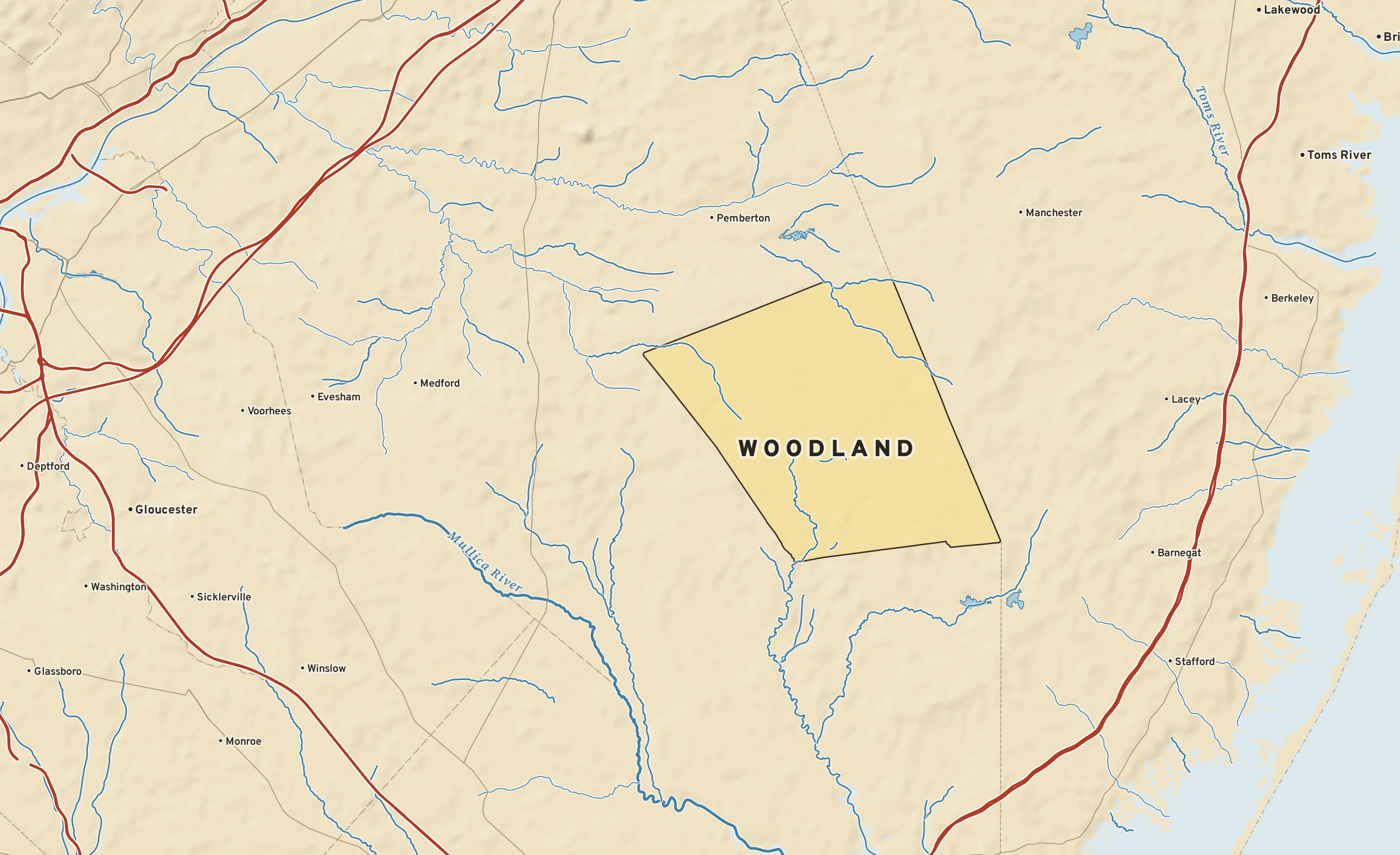 Shaded-relief atlas plate of Woodland, New Jersey: rivers, roads, the city limits and where the water drains.
