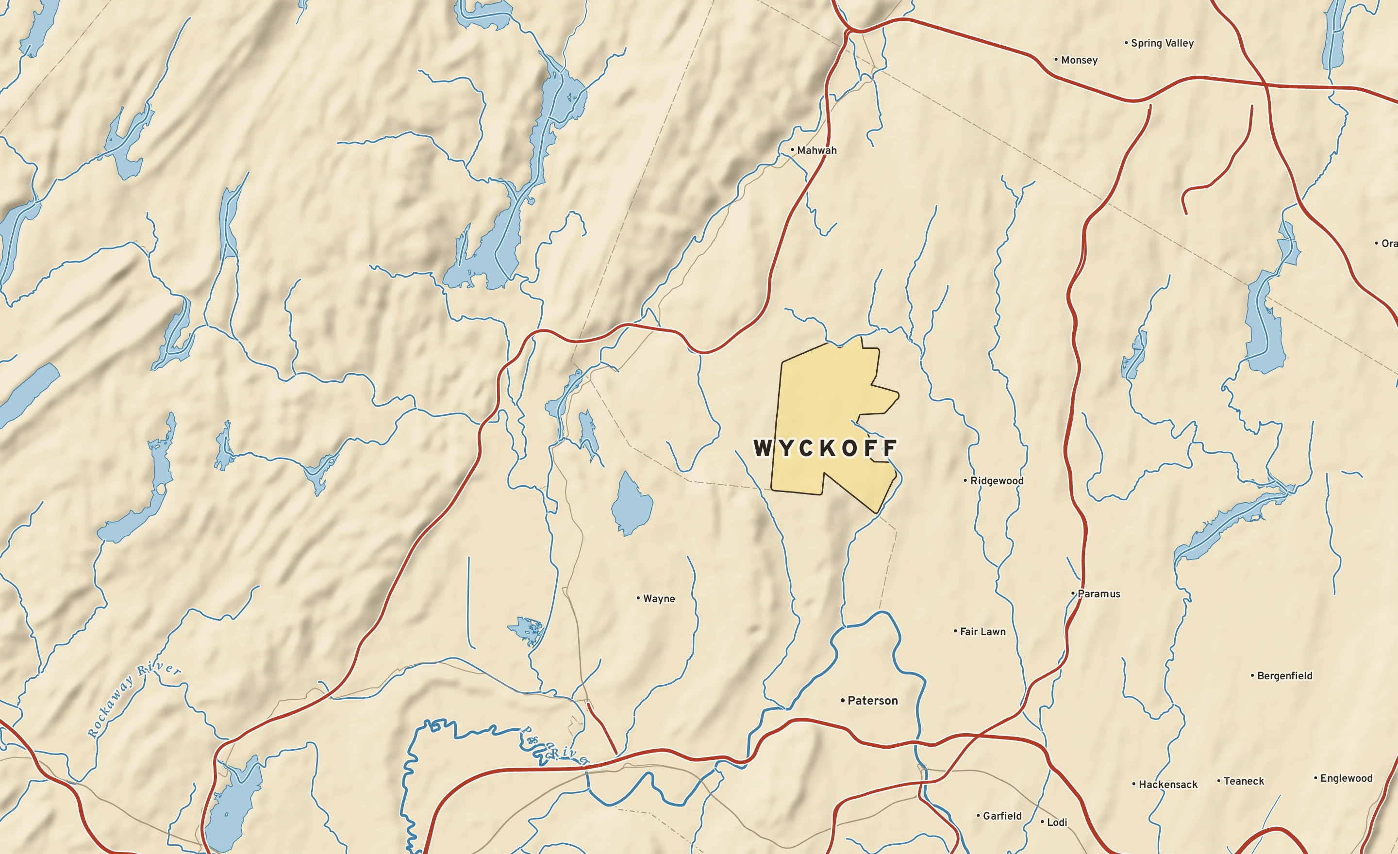 Shaded-relief atlas plate of Wyckoff, New Jersey: rivers, roads, the city limits and where the water drains.