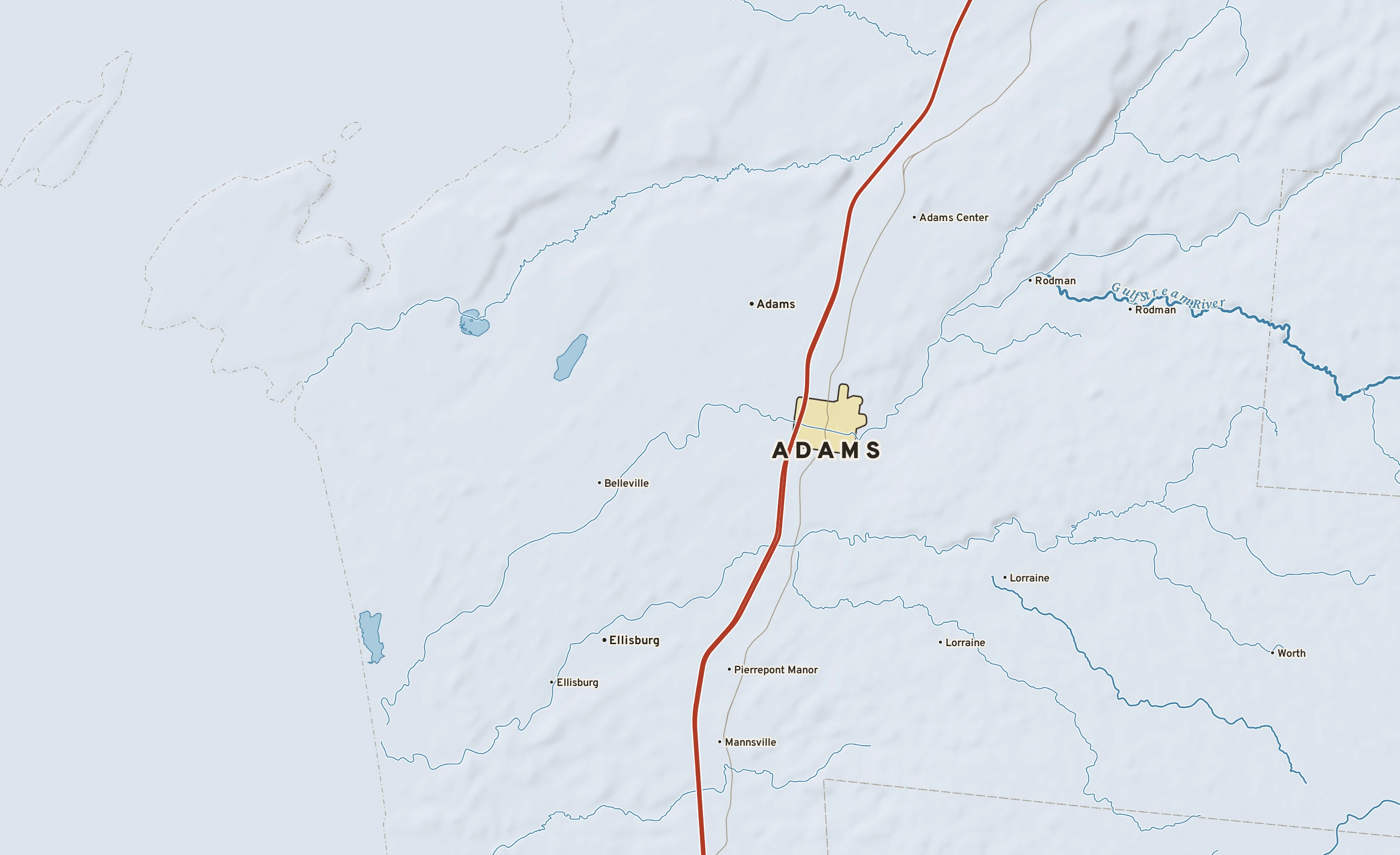 Shaded-relief atlas plate of Adams, New York: rivers, roads, the city limits and where the water drains.