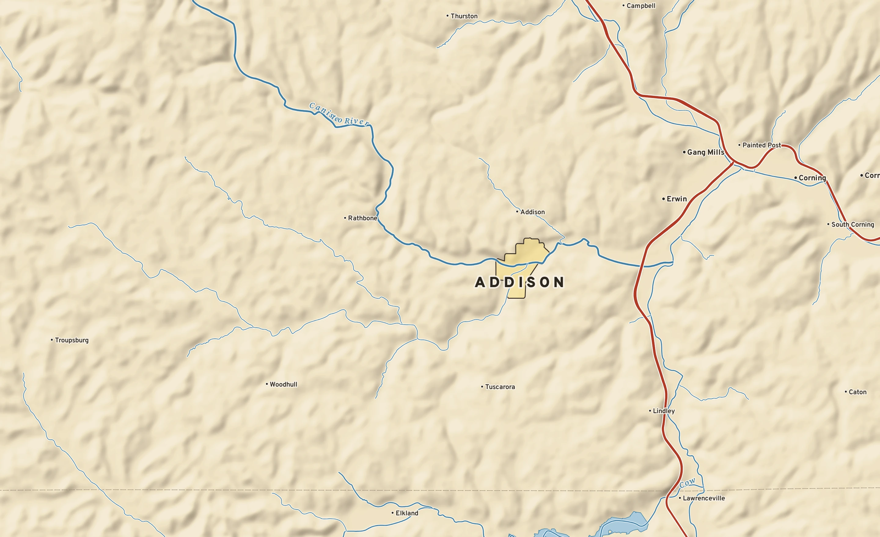 Shaded-relief atlas plate of Addison, New York: rivers, roads, the city limits and where the water drains.