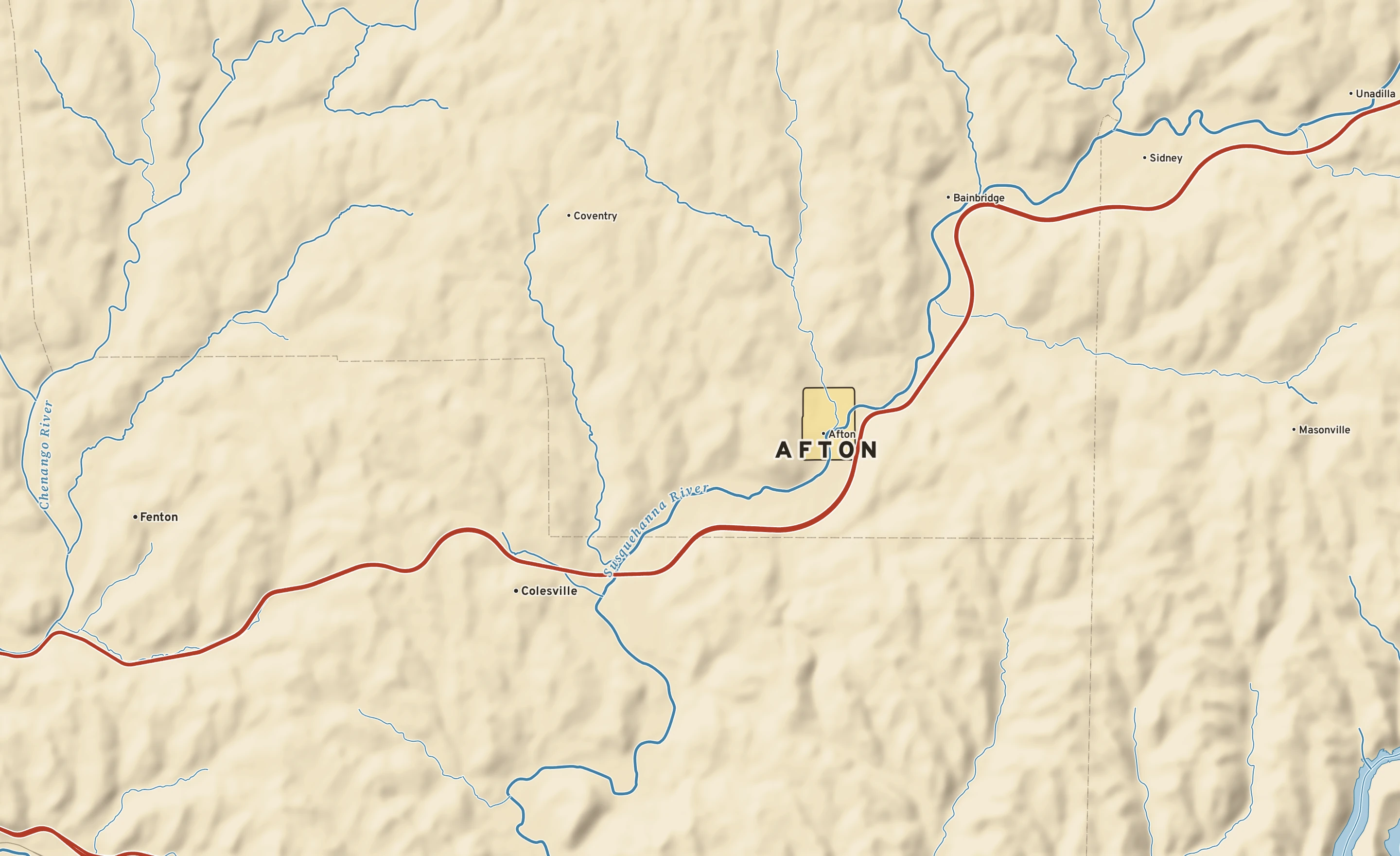 Shaded-relief atlas plate of Afton, New York: rivers, roads, the city limits and where the water drains.