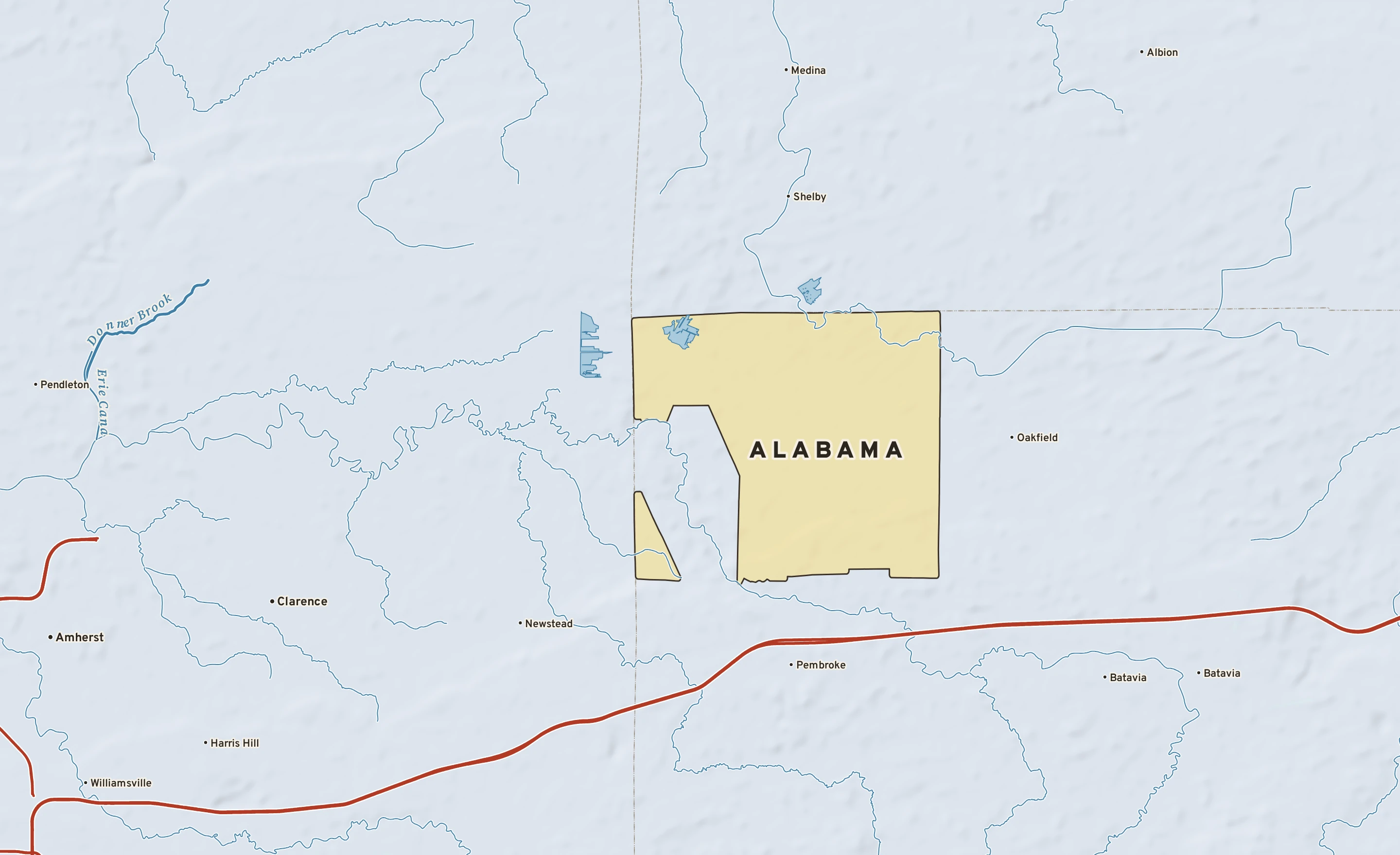 Shaded-relief atlas plate of Alabama, New York: rivers, roads, the city limits and where the water drains.