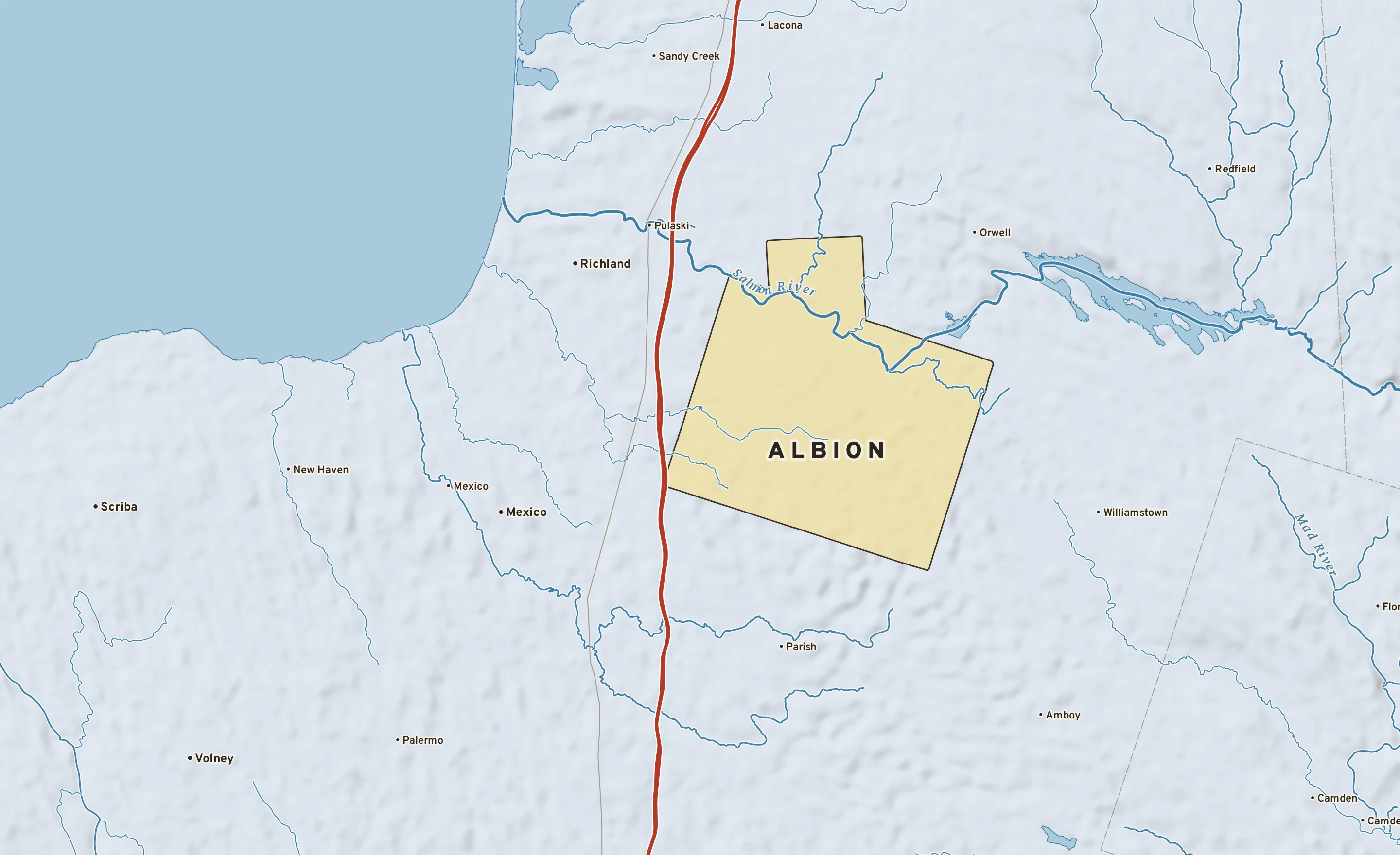 Shaded-relief atlas plate of Albion, New York: rivers, roads, the city limits and where the water drains.