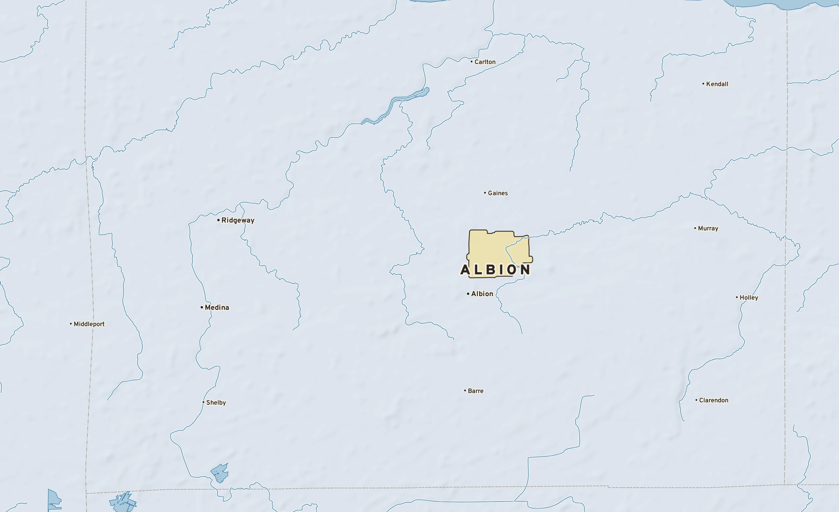 Shaded-relief atlas plate of Albion, New York: rivers, roads, the city limits and where the water drains.