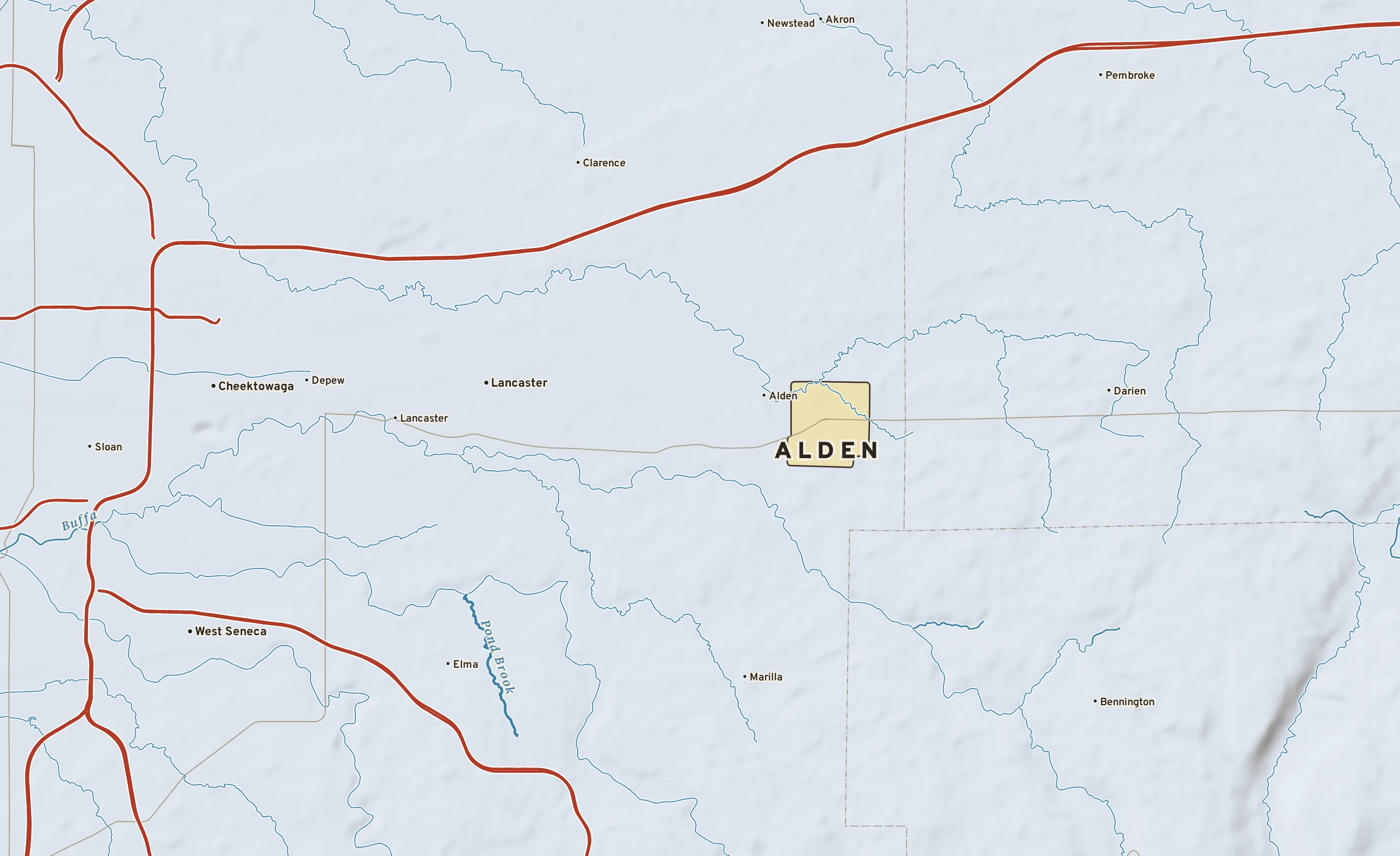 Shaded-relief atlas plate of Alden, New York: rivers, roads, the city limits and where the water drains.