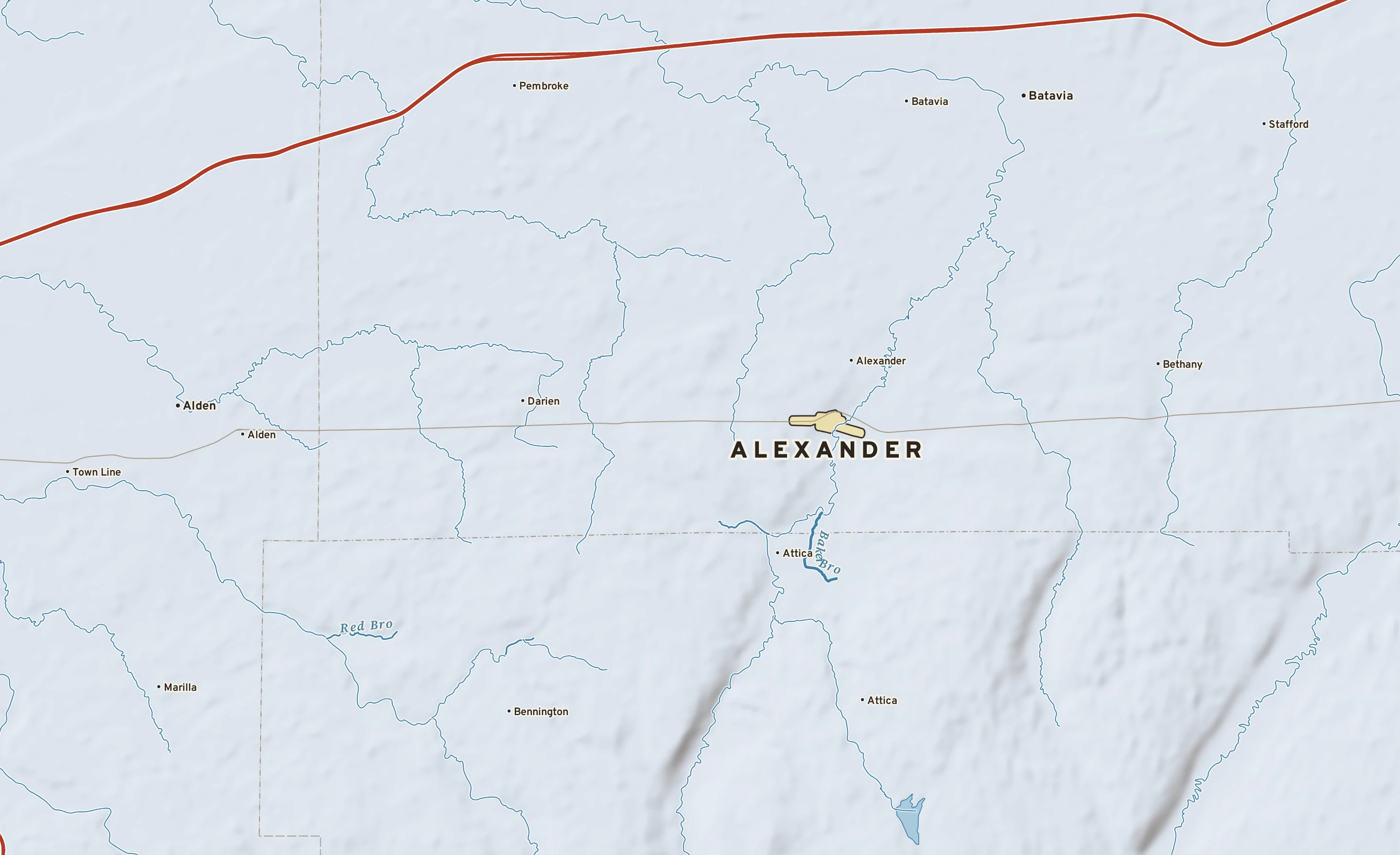 Shaded-relief atlas plate of Alexander, New York: rivers, roads, the city limits and where the water drains.