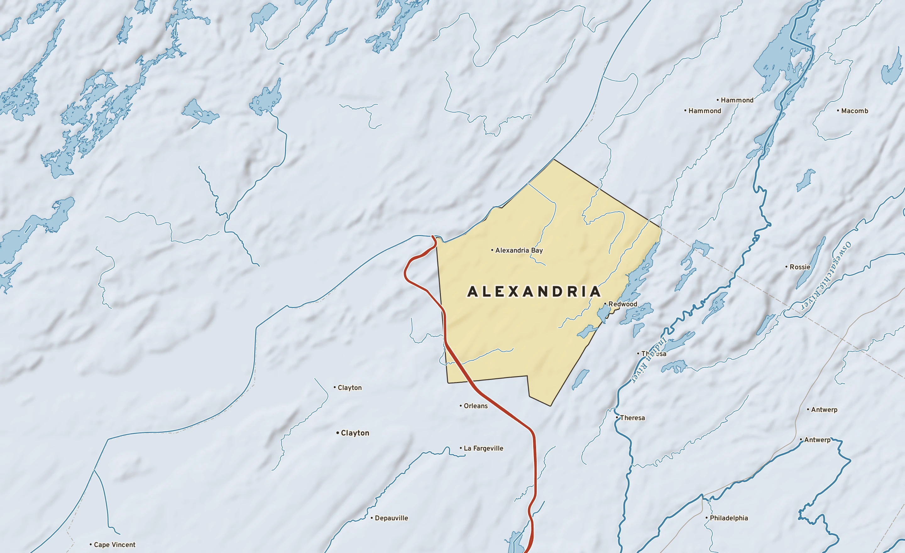 Shaded-relief atlas plate of Alexandria, New York: rivers, roads, the city limits and where the water drains.