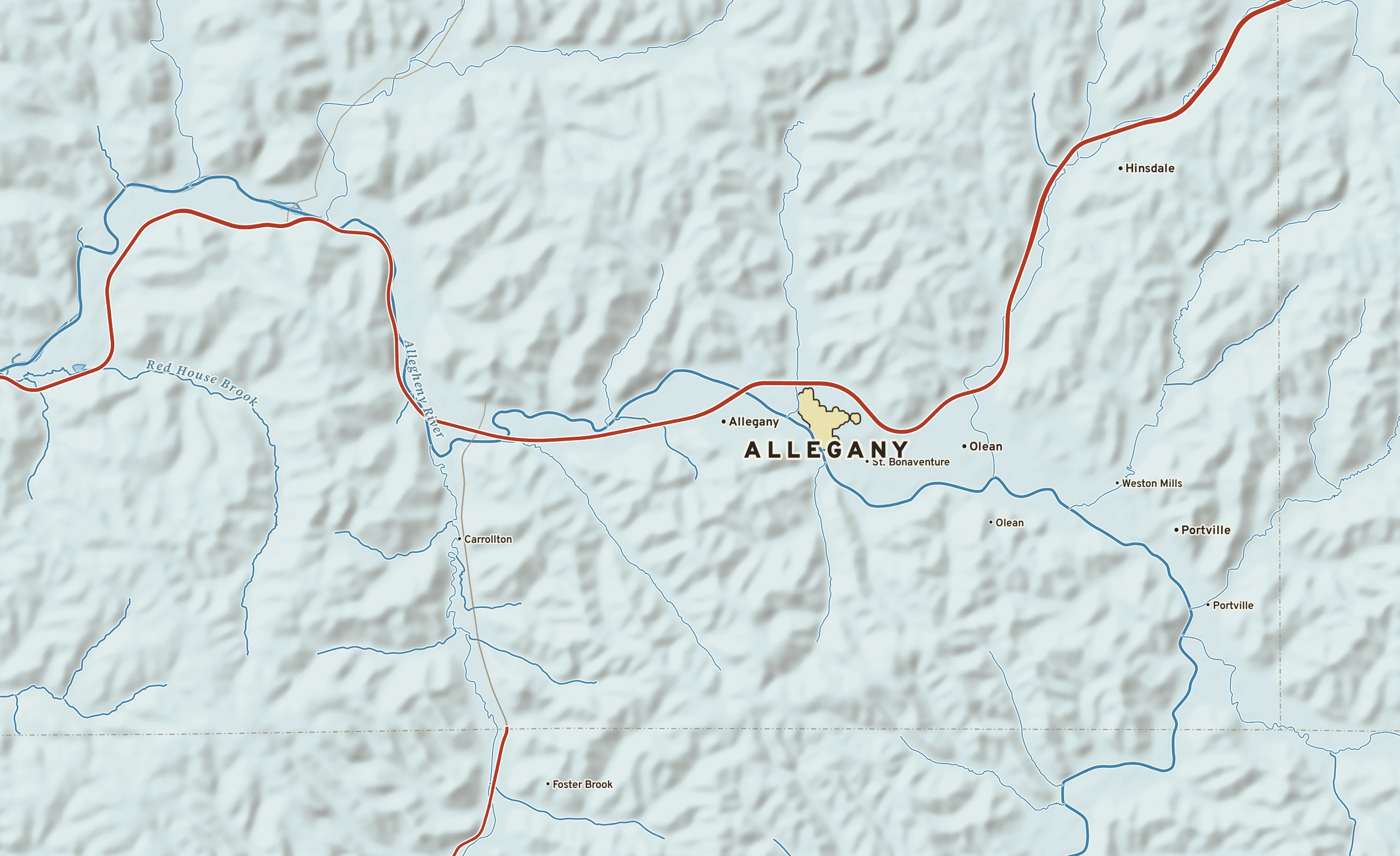 Shaded-relief atlas plate of Allegany, New York: rivers, roads, the city limits and where the water drains.