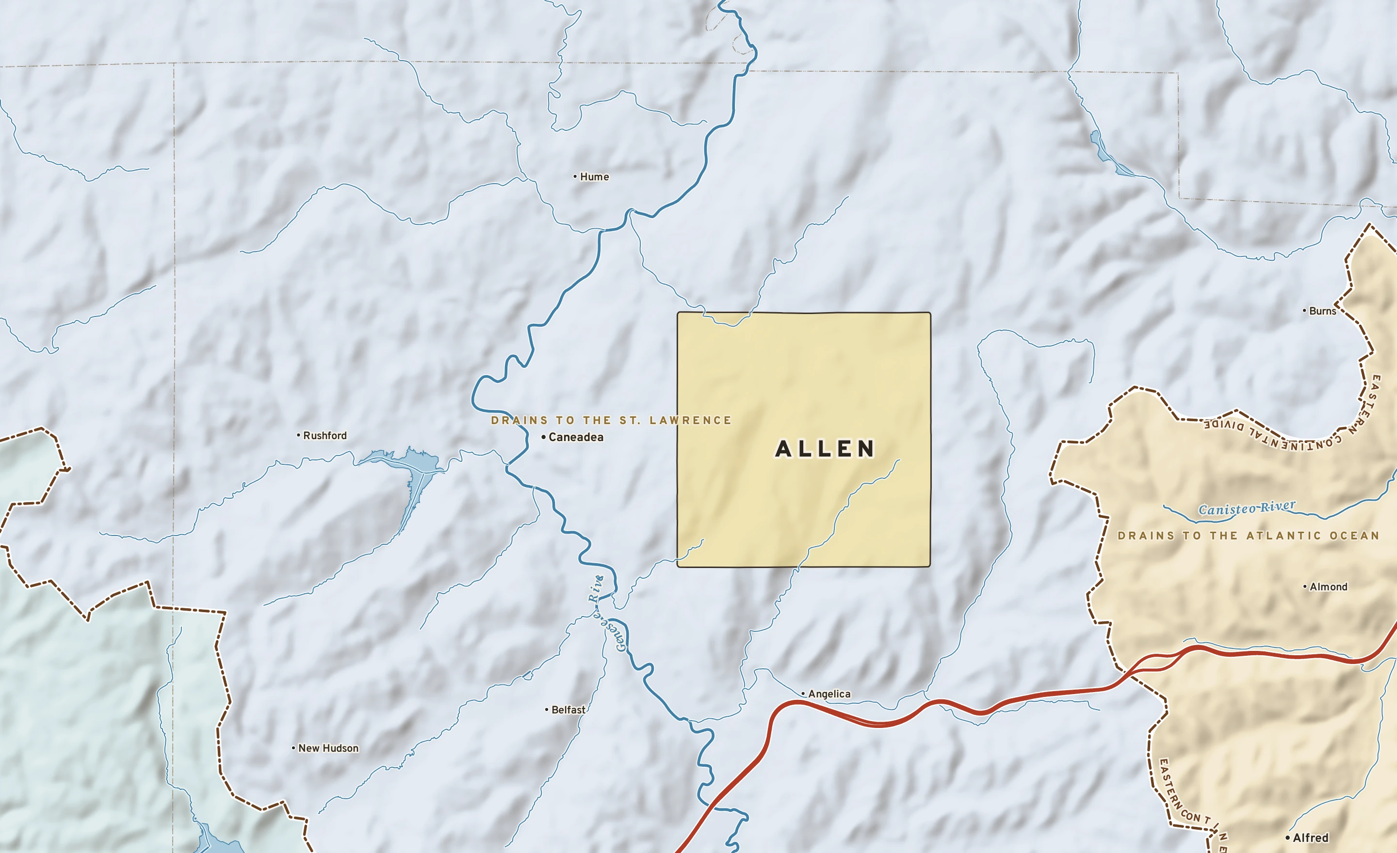 Shaded-relief atlas plate of Allen, New York: rivers, roads, the city limits and where the water drains.