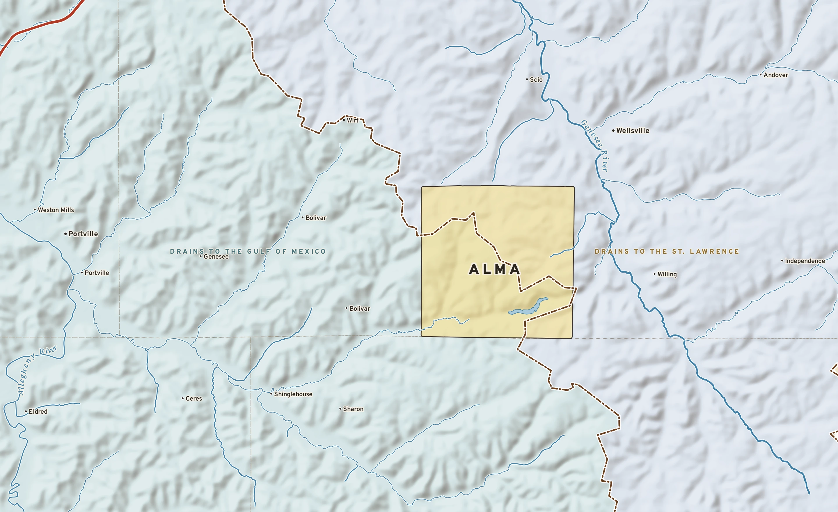 Shaded-relief atlas plate of Alma, New York: rivers, roads, the city limits and where the water drains.