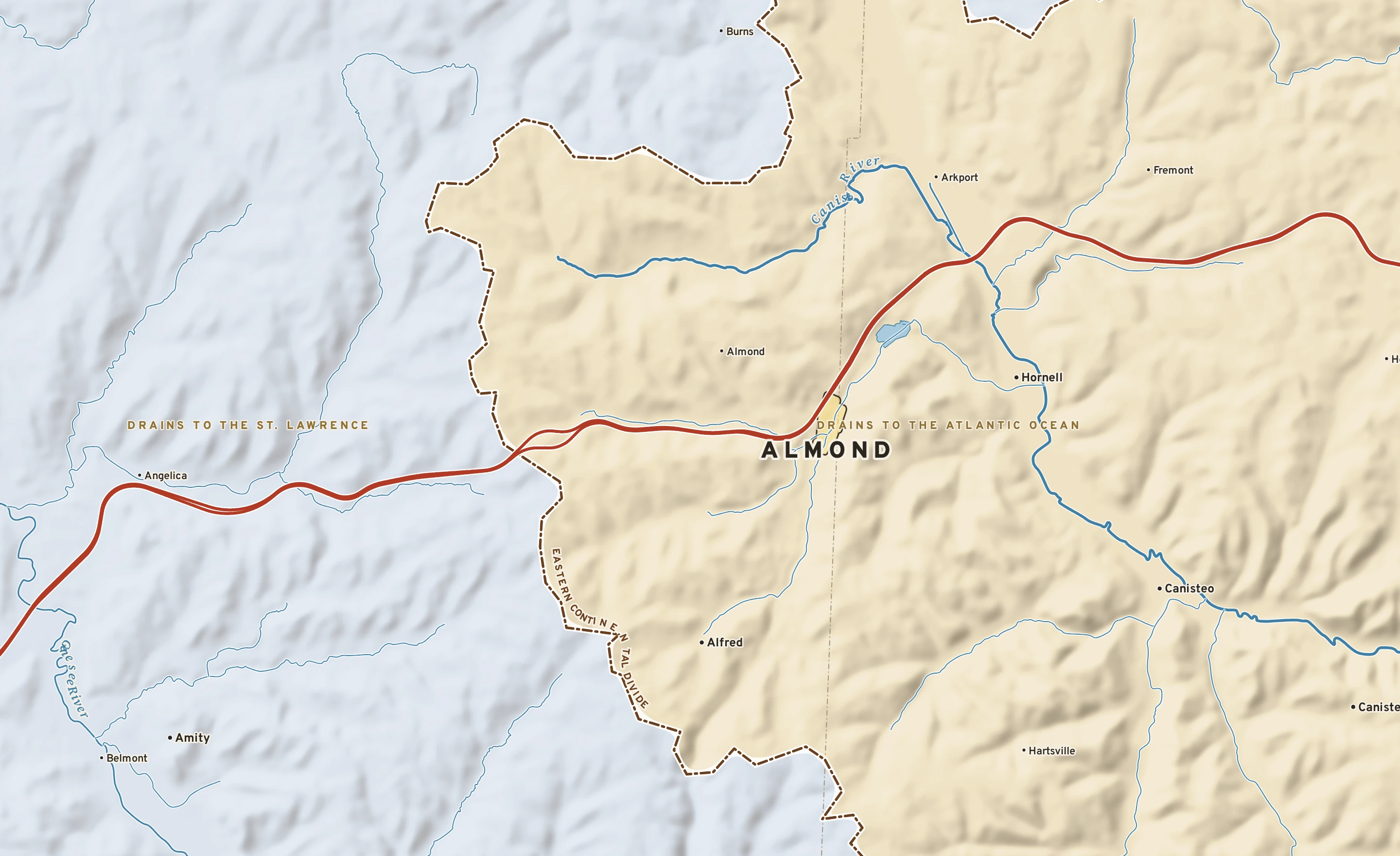 Shaded-relief atlas plate of Almond, New York: rivers, roads, the city limits and where the water drains.