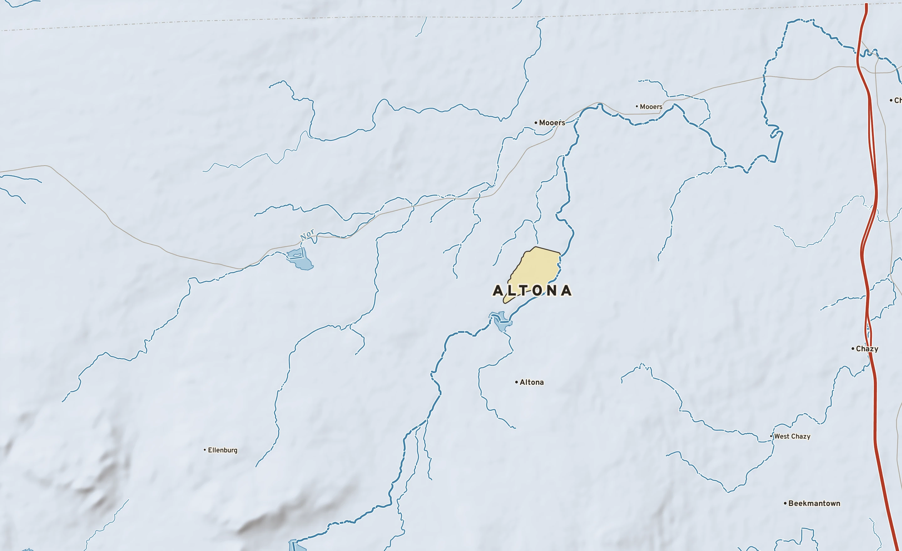 Shaded-relief atlas plate of Altona, New York: rivers, roads, the city limits and where the water drains.