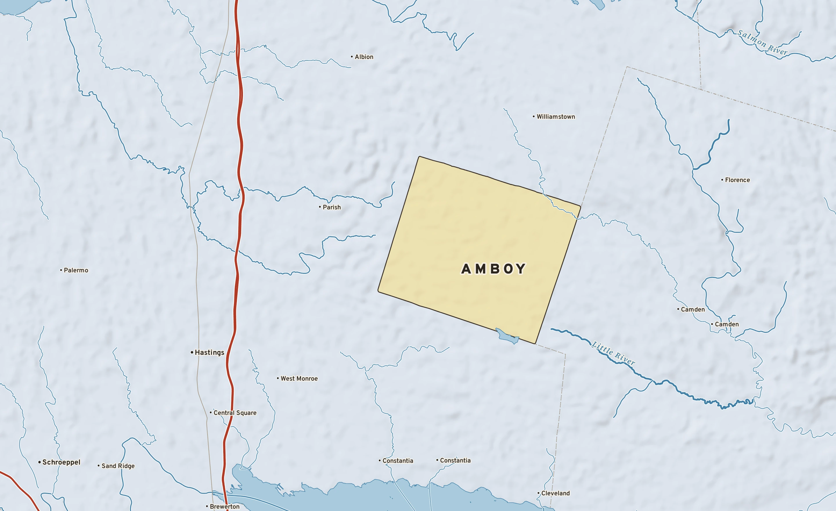 Shaded-relief atlas plate of Amboy, New York: rivers, roads, the city limits and where the water drains.