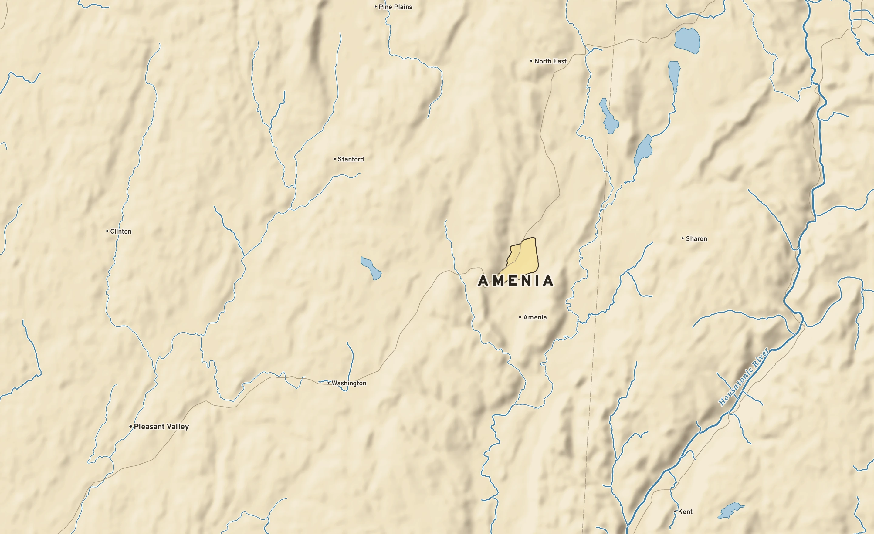 Shaded-relief atlas plate of Amenia, New York: rivers, roads, the city limits and where the water drains.
