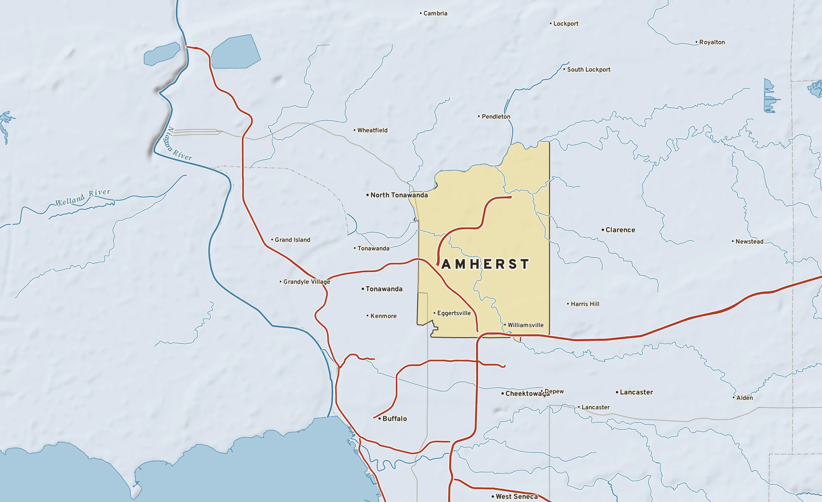Shaded-relief atlas plate of Amherst, New York: rivers, roads, the city limits and where the water drains.
