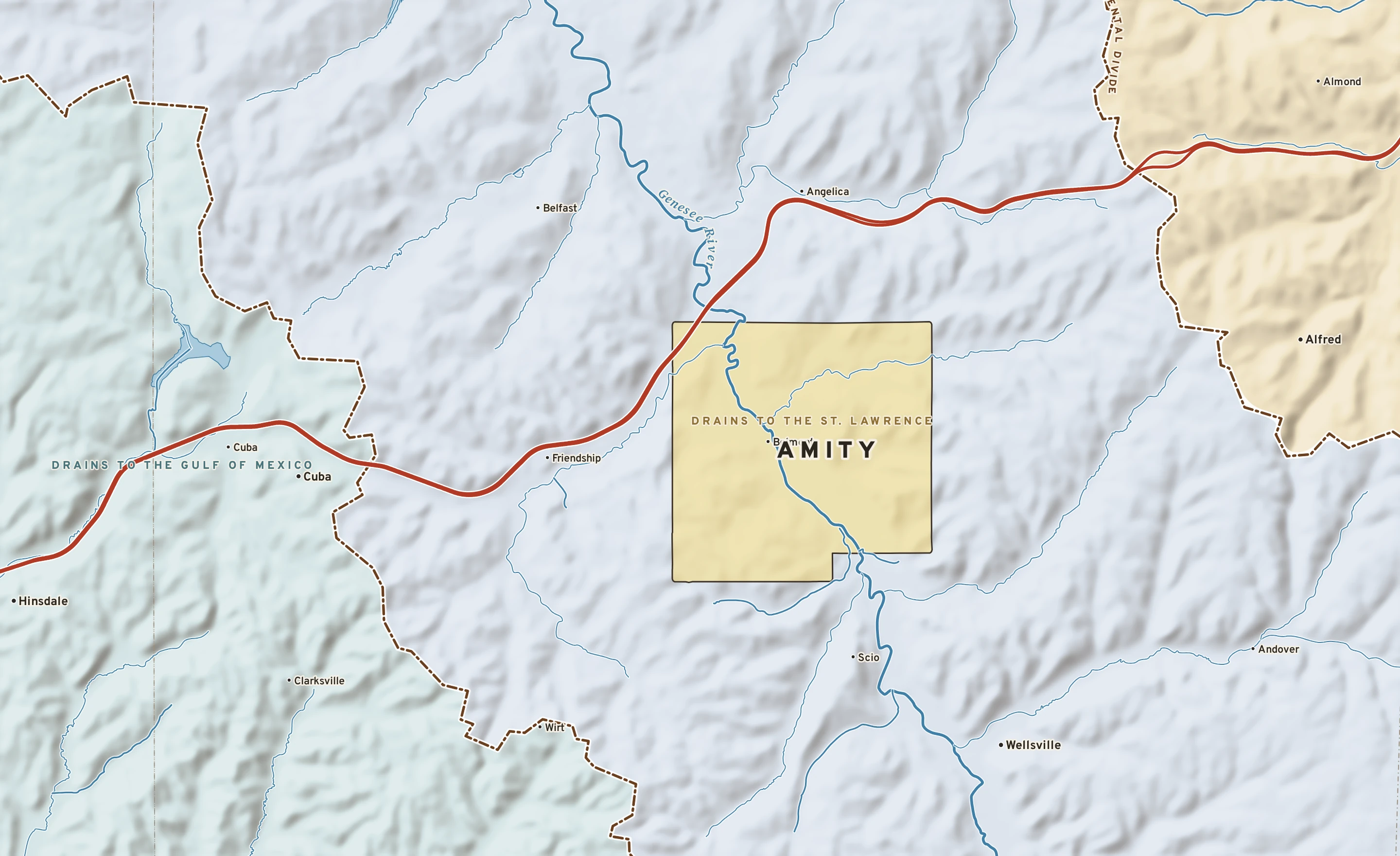 Shaded-relief atlas plate of Amity, New York: rivers, roads, the city limits and where the water drains.