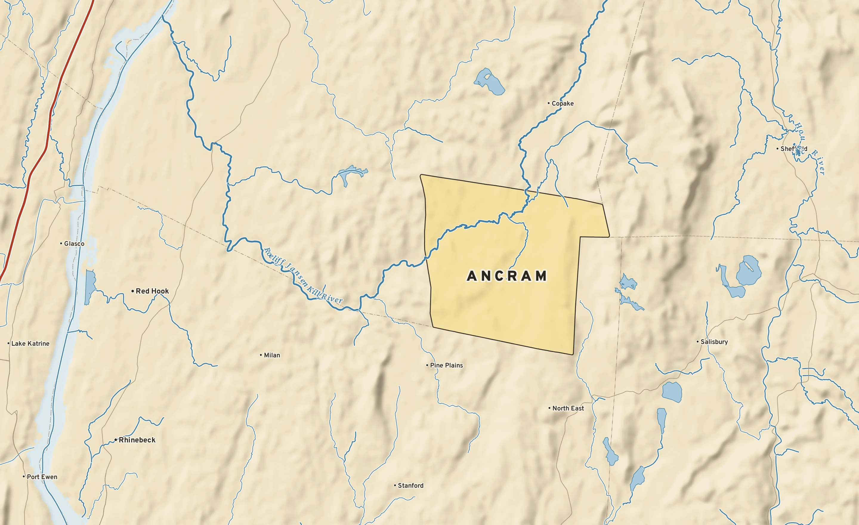 Shaded-relief atlas plate of Ancram, New York: rivers, roads, the city limits and where the water drains.