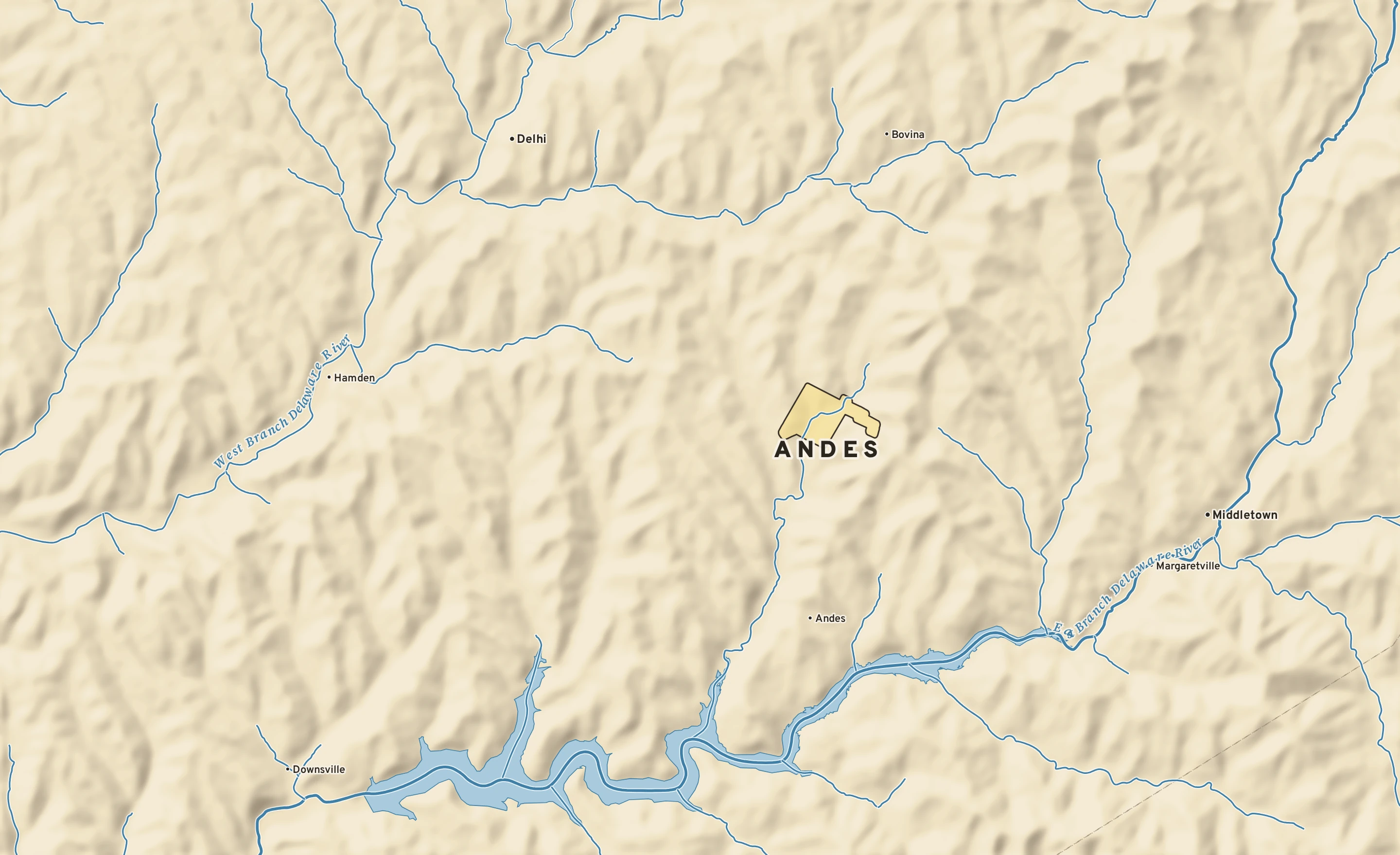 Shaded-relief atlas plate of Andes, New York: rivers, roads, the city limits and where the water drains.
