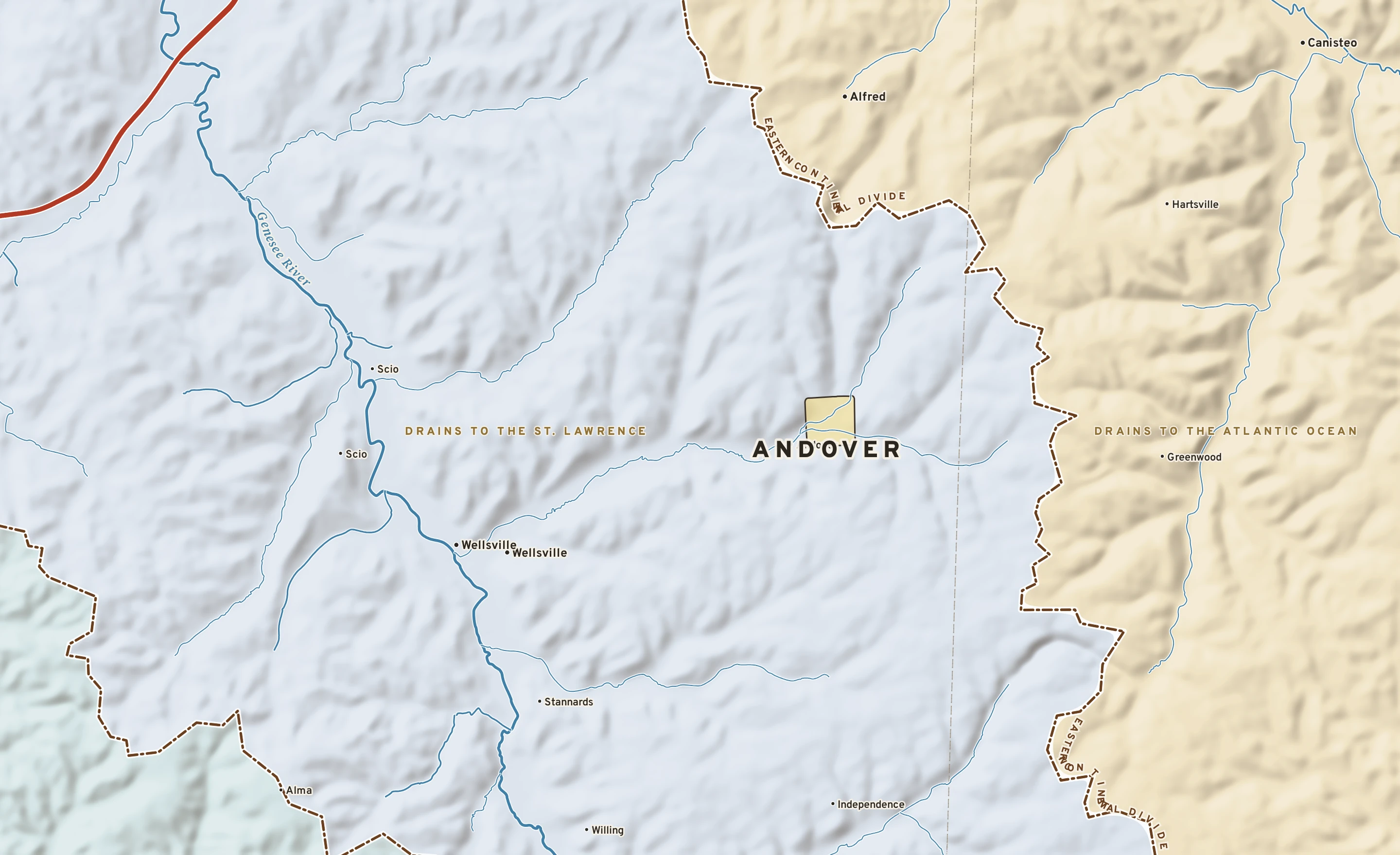 Shaded-relief atlas plate of Andover, New York: rivers, roads, the city limits and where the water drains.
