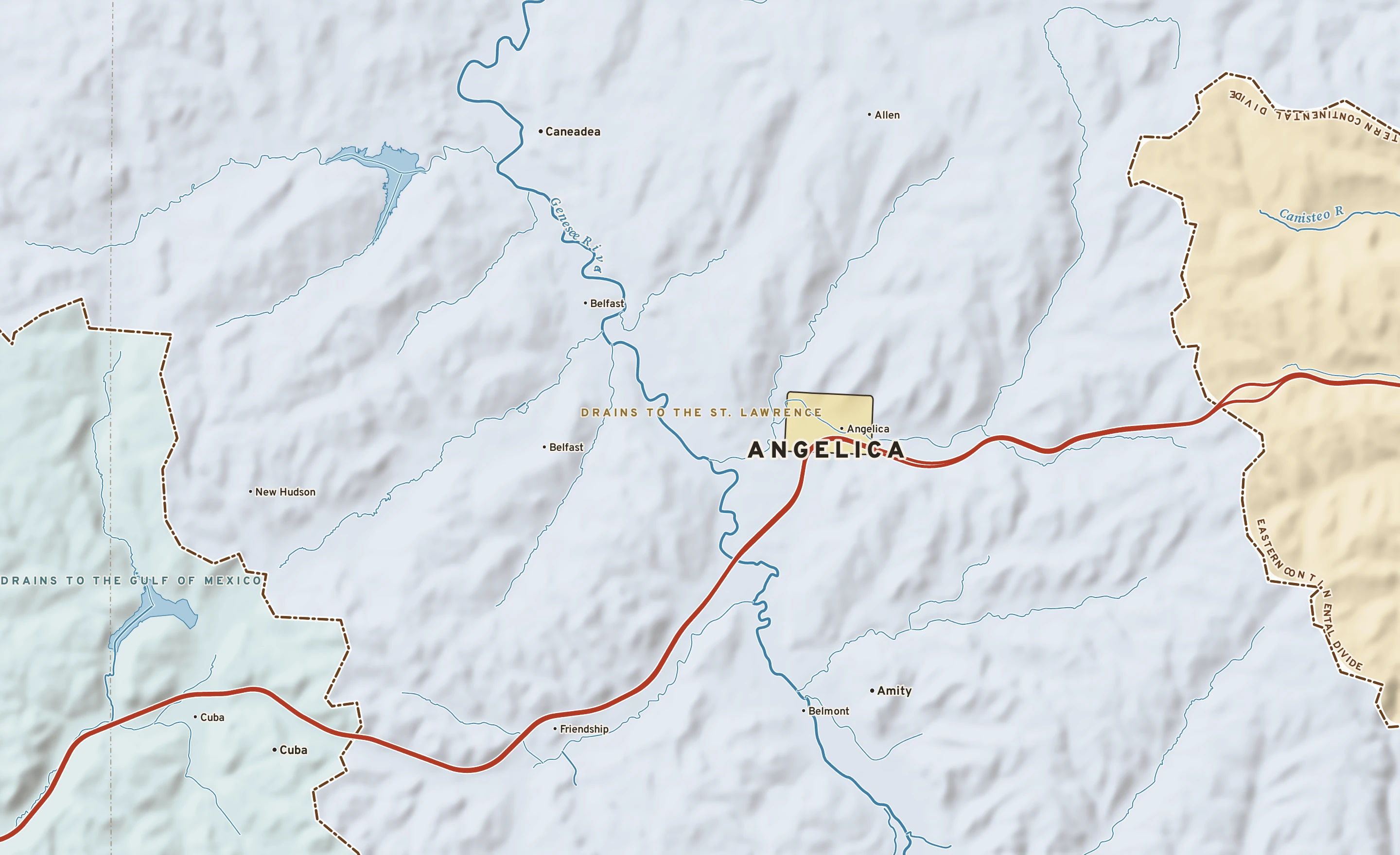 Shaded-relief atlas plate of Angelica, New York: rivers, roads, the city limits and where the water drains.
