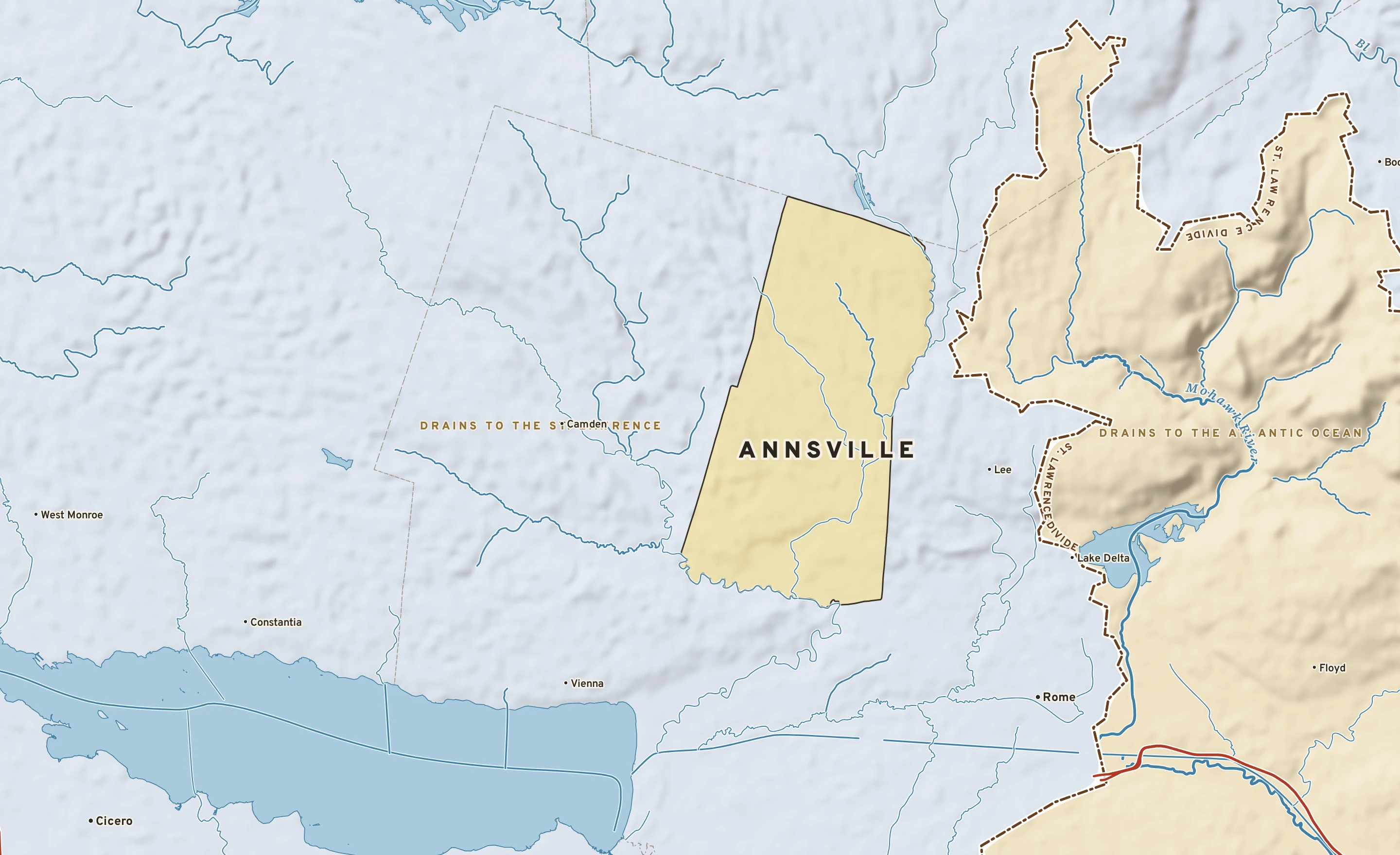Shaded-relief atlas plate of Annsville, New York: rivers, roads, the city limits and where the water drains.