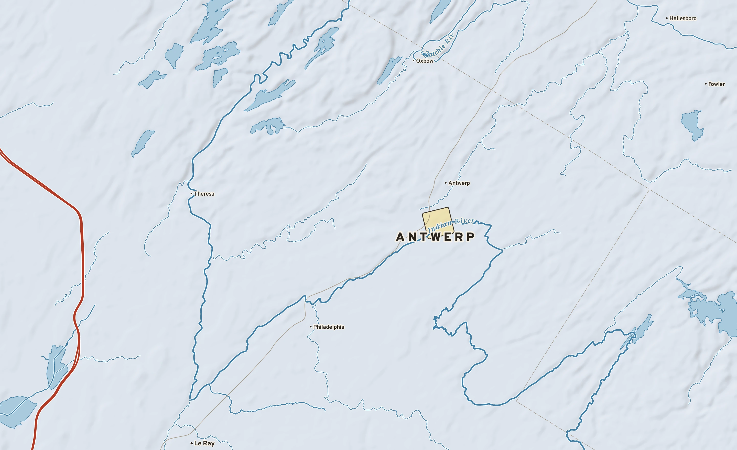 Shaded-relief atlas plate of Antwerp, New York: rivers, roads, the city limits and where the water drains.