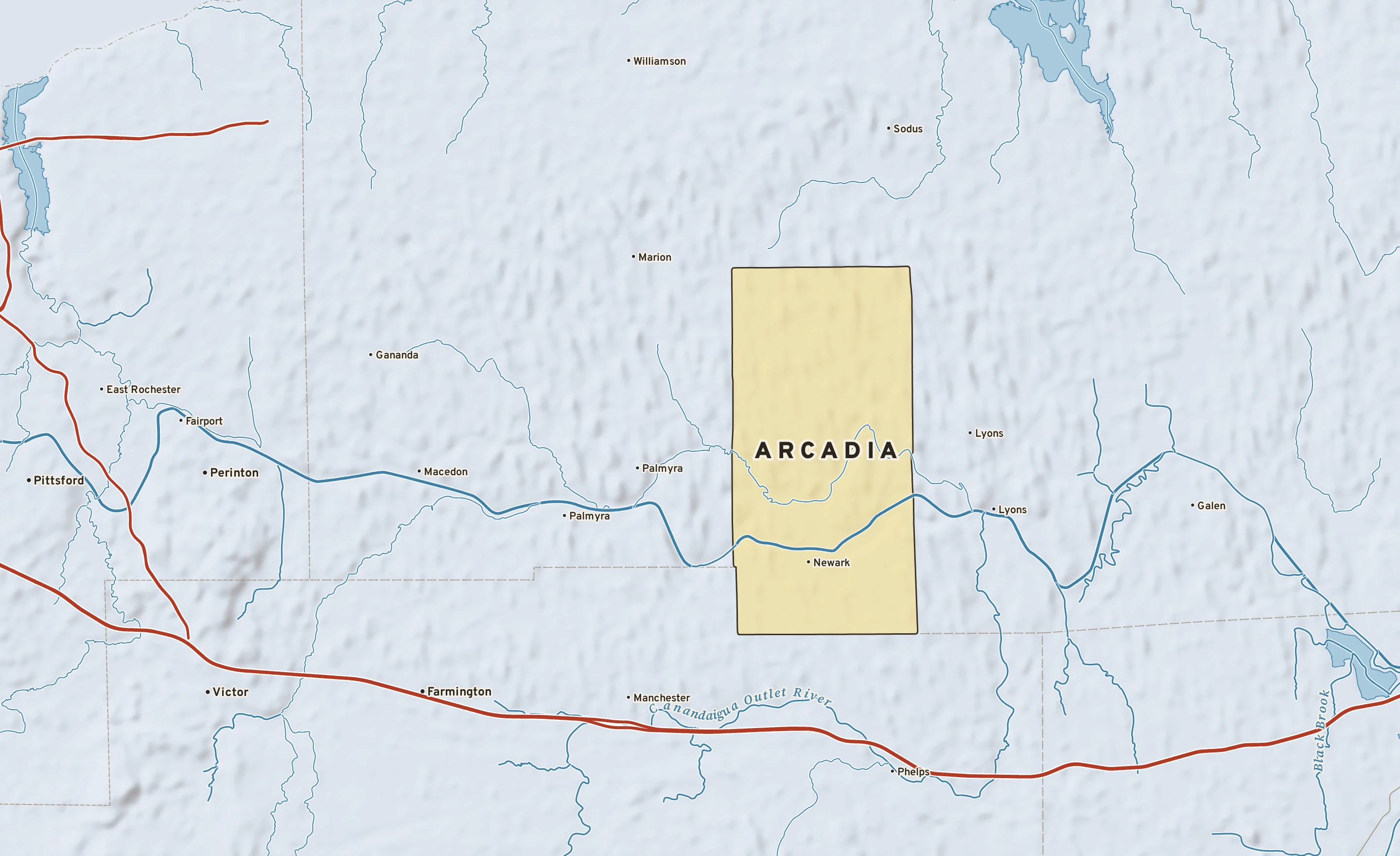 Shaded-relief atlas plate of Arcadia, New York: rivers, roads, the city limits and where the water drains.