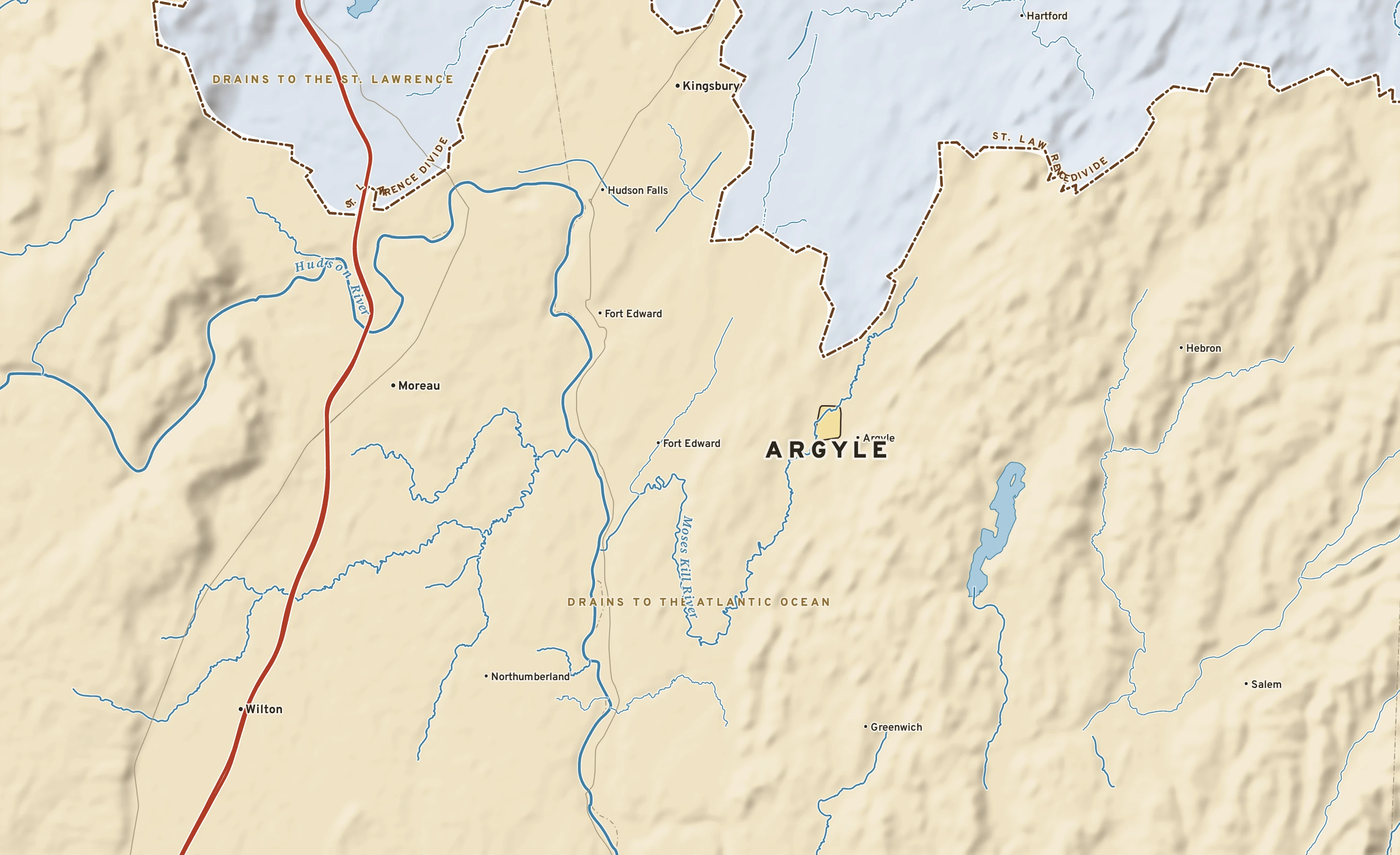 Shaded-relief atlas plate of Argyle, New York: rivers, roads, the city limits and where the water drains.