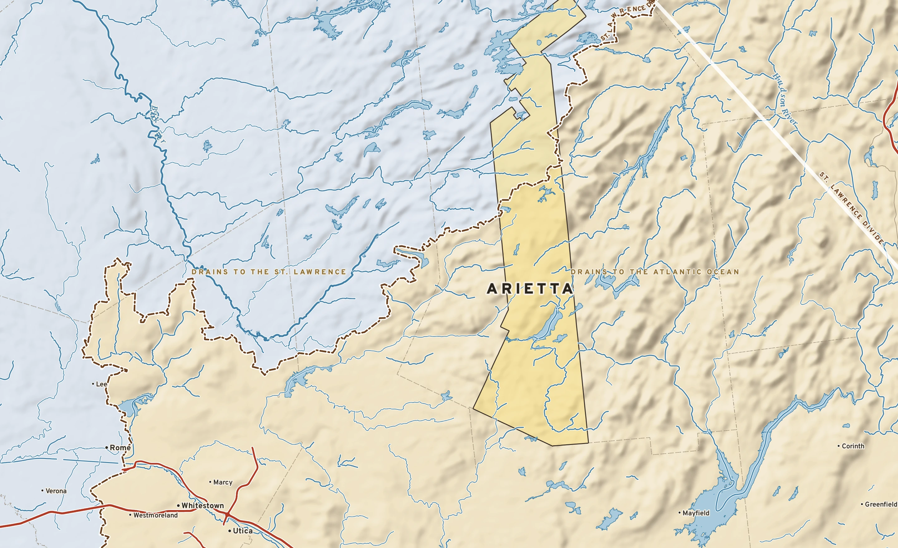 Shaded-relief atlas plate of Arietta, New York: rivers, roads, the city limits and where the water drains.