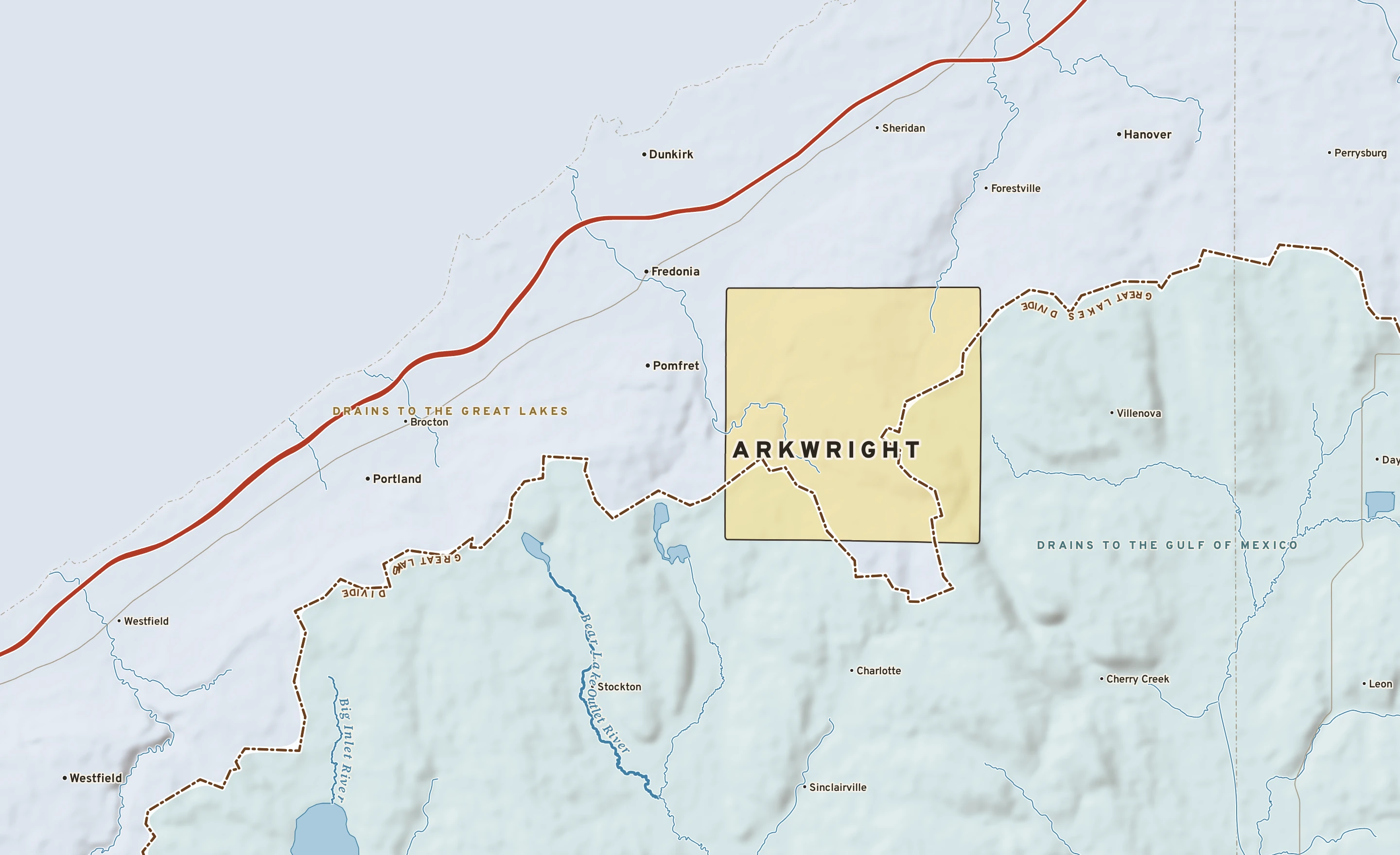 Shaded-relief atlas plate of Arkwright, New York: rivers, roads, the city limits and where the water drains.