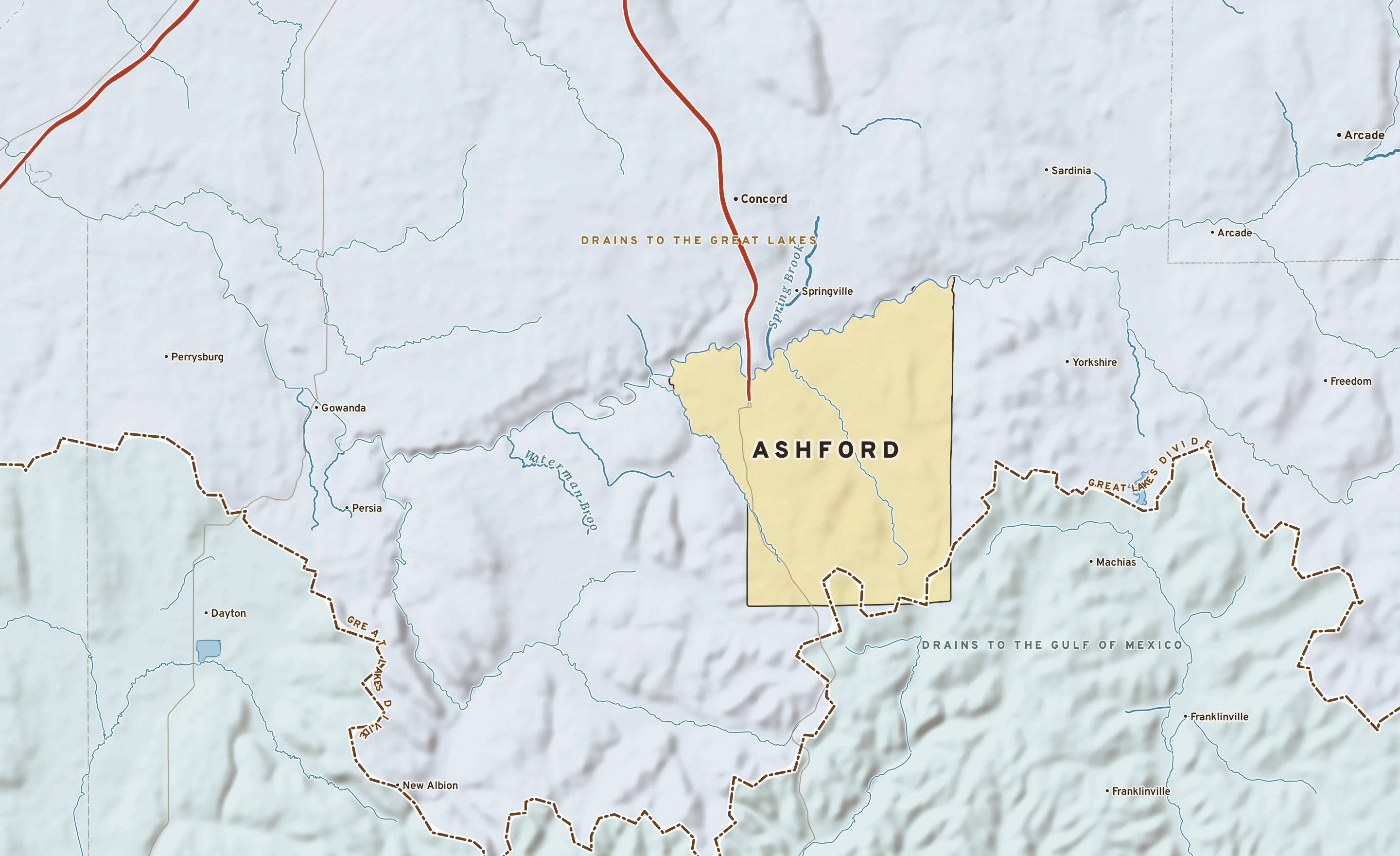 Shaded-relief atlas plate of Ashford, New York: rivers, roads, the city limits and where the water drains.