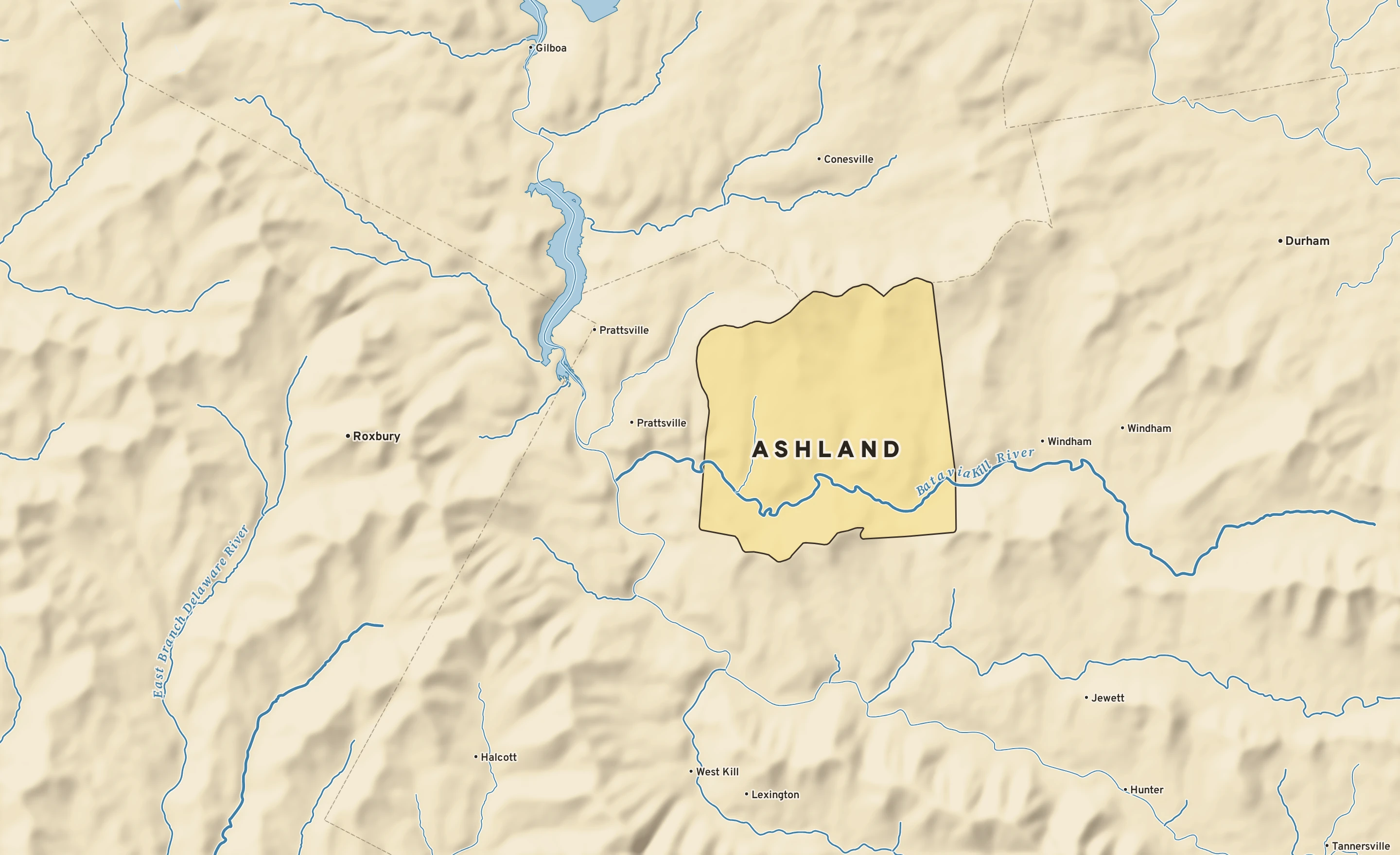 Shaded-relief atlas plate of Ashland, New York: rivers, roads, the city limits and where the water drains.