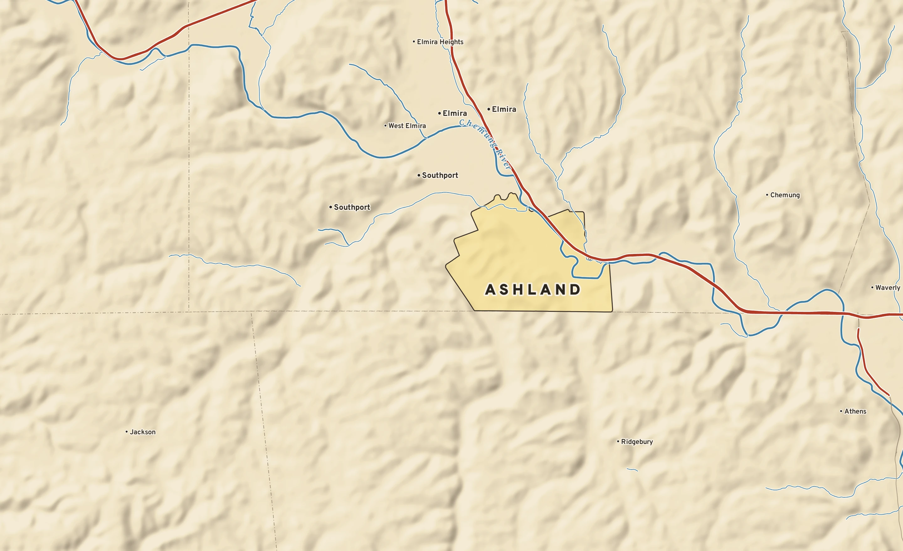 Shaded-relief atlas plate of Ashland, New York: rivers, roads, the city limits and where the water drains.