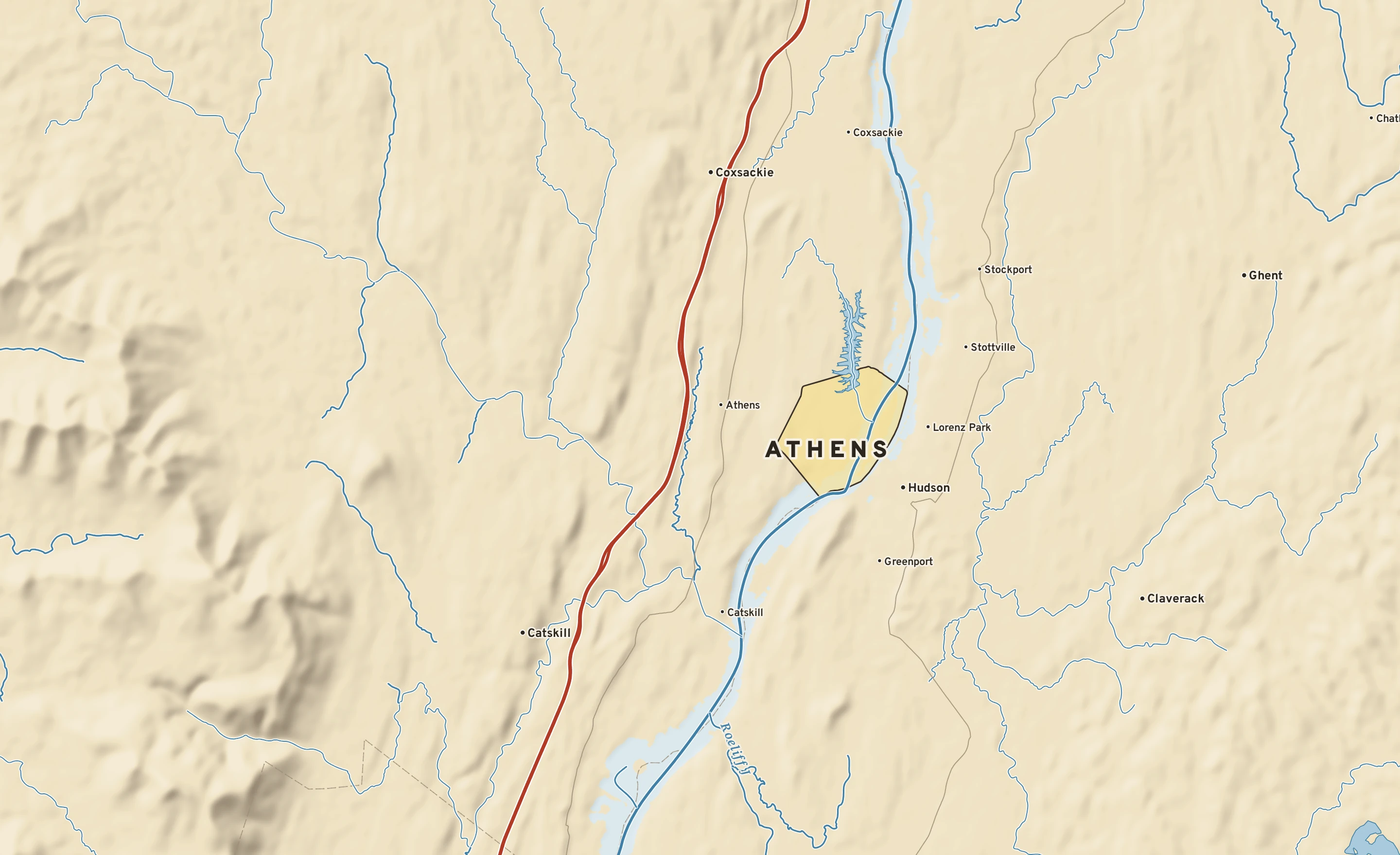 Shaded-relief atlas plate of Athens, New York: rivers, roads, the city limits and where the water drains.