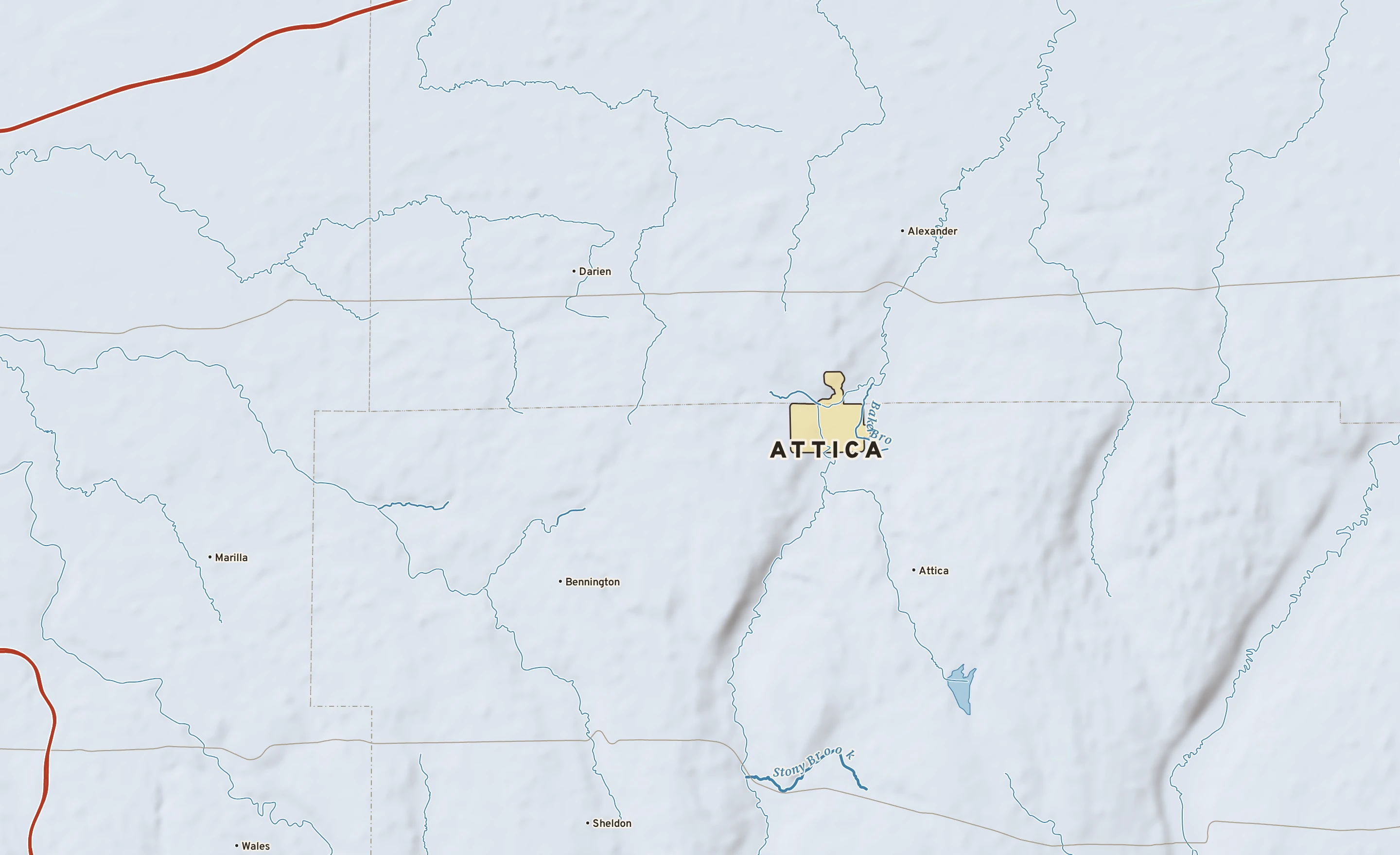 Shaded-relief atlas plate of Attica, New York: rivers, roads, the city limits and where the water drains.