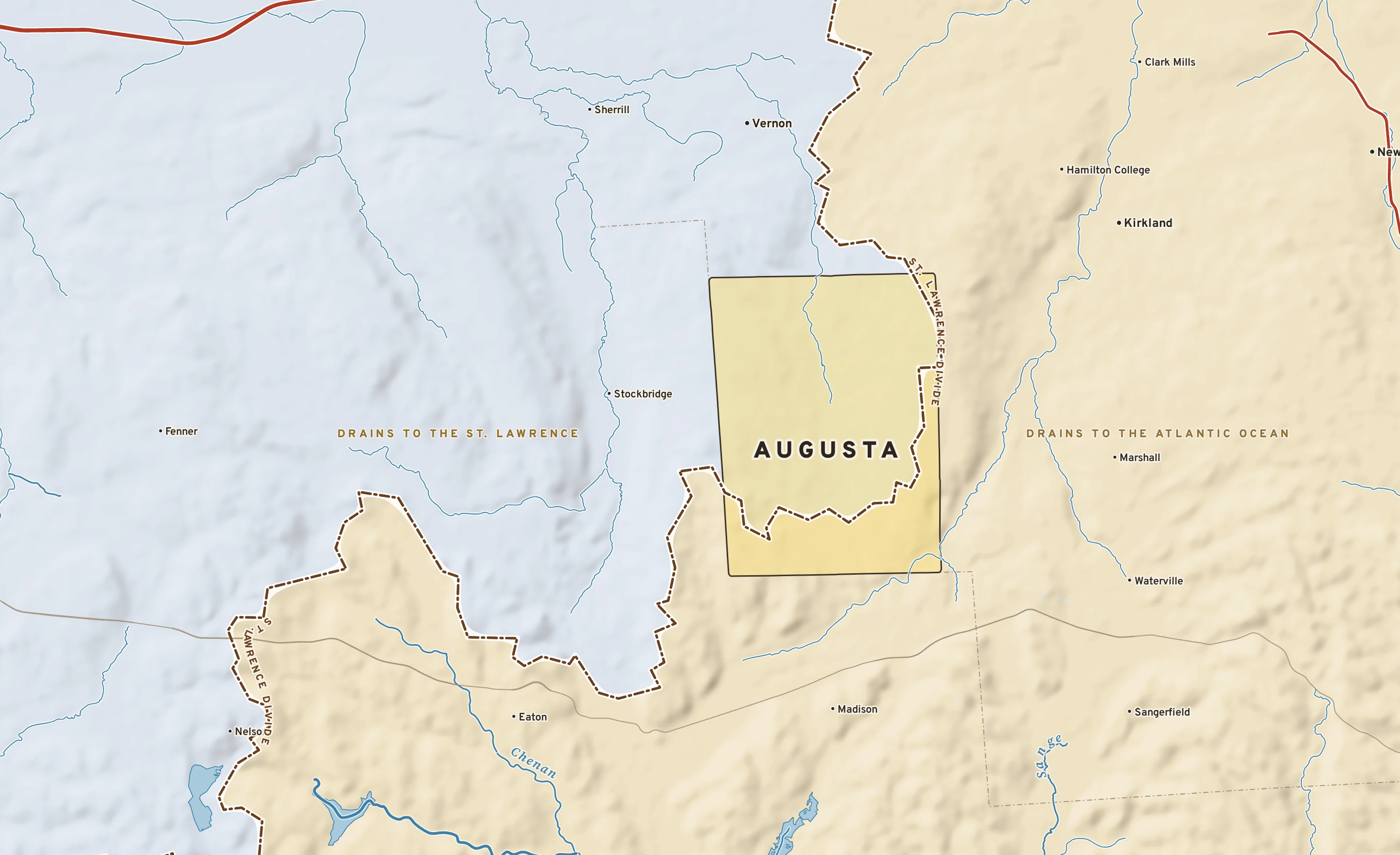 Shaded-relief atlas plate of Augusta, New York: rivers, roads, the city limits and where the water drains.