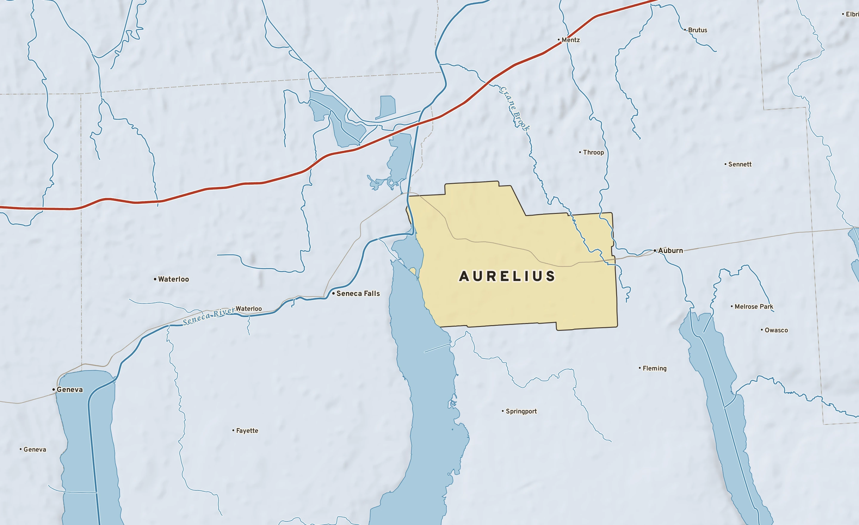 Shaded-relief atlas plate of Aurelius, New York: rivers, roads, the city limits and where the water drains.
