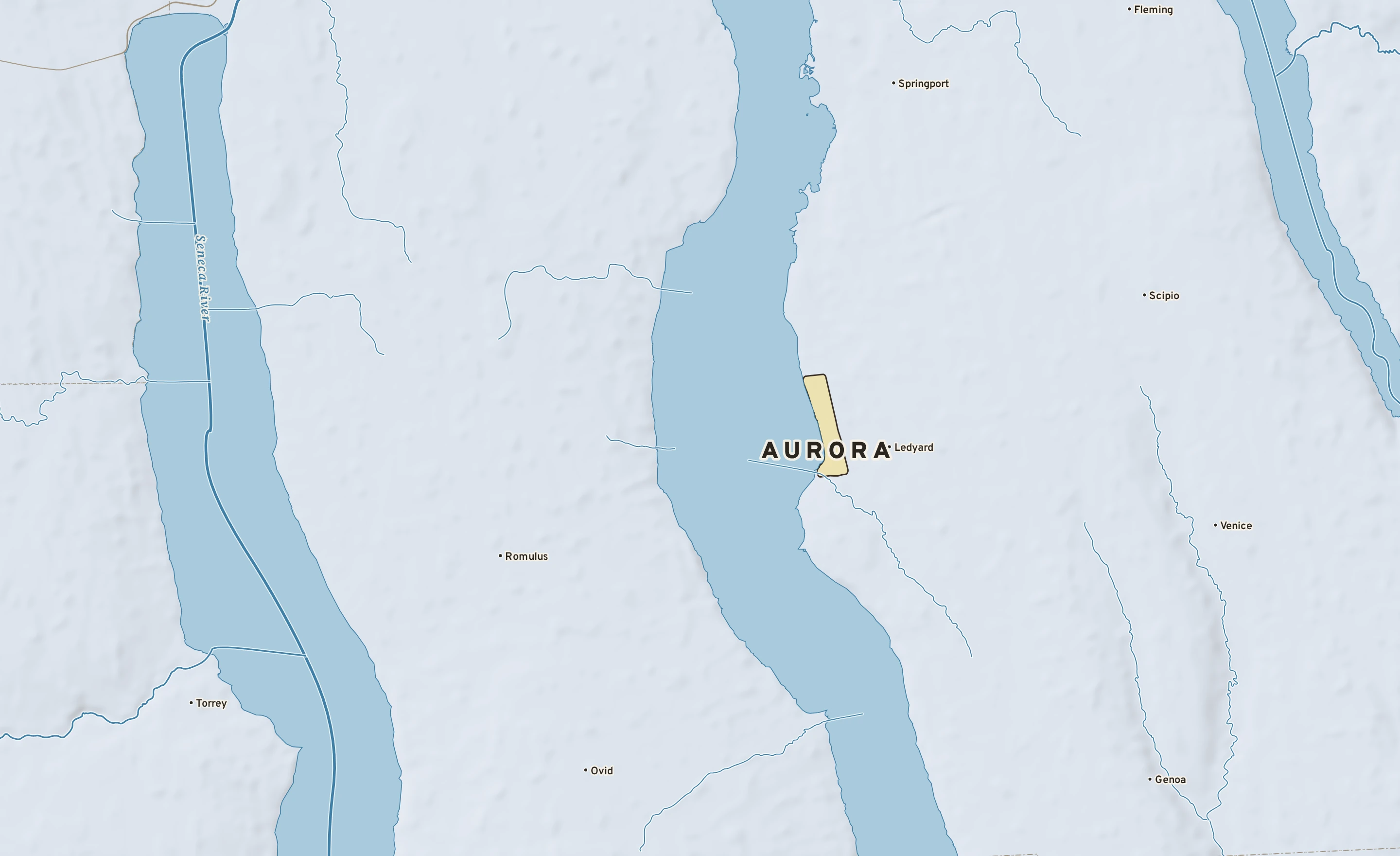 Shaded-relief atlas plate of Aurora, New York: rivers, roads, the city limits and where the water drains.