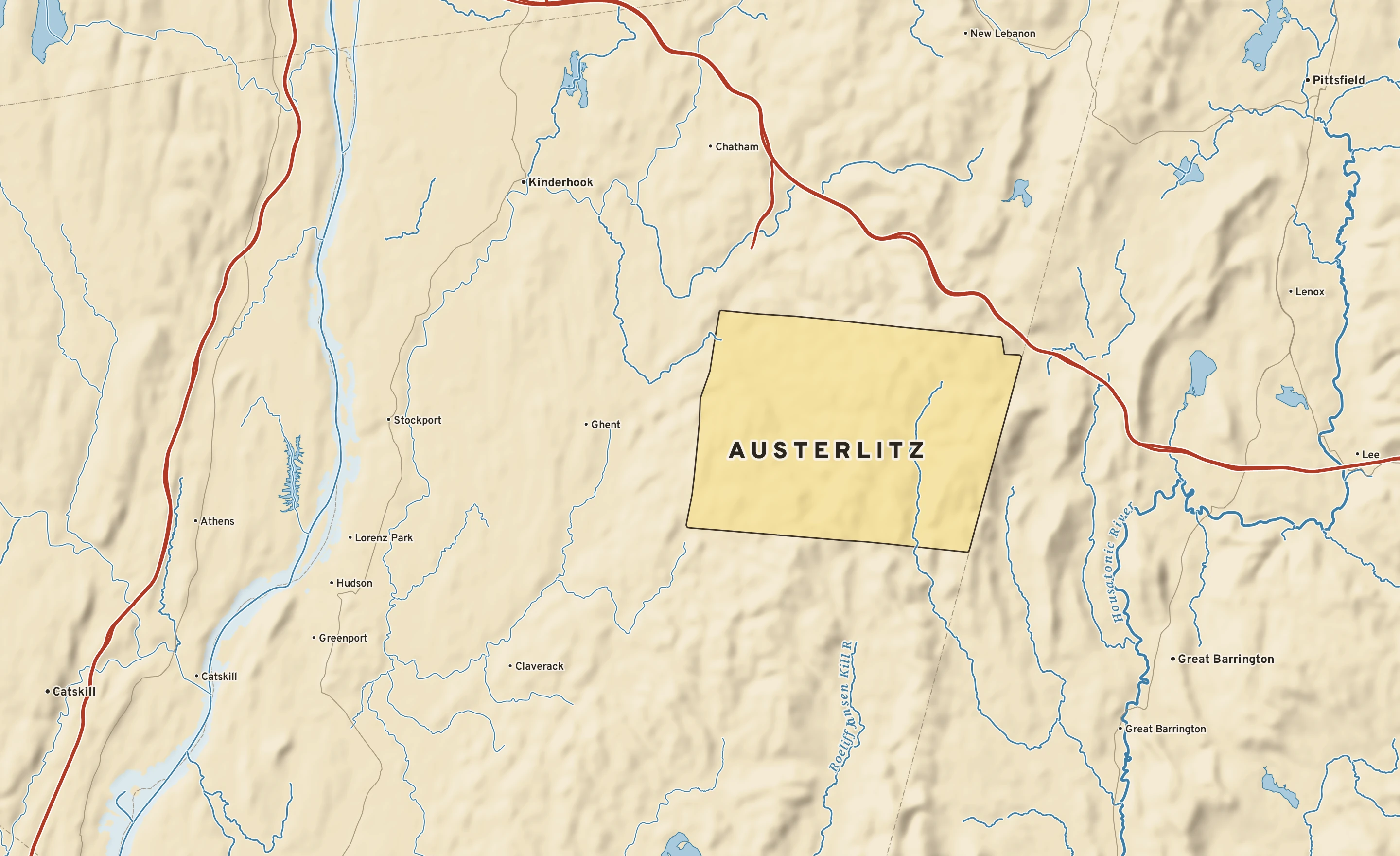 Shaded-relief atlas plate of Austerlitz, New York: rivers, roads, the city limits and where the water drains.