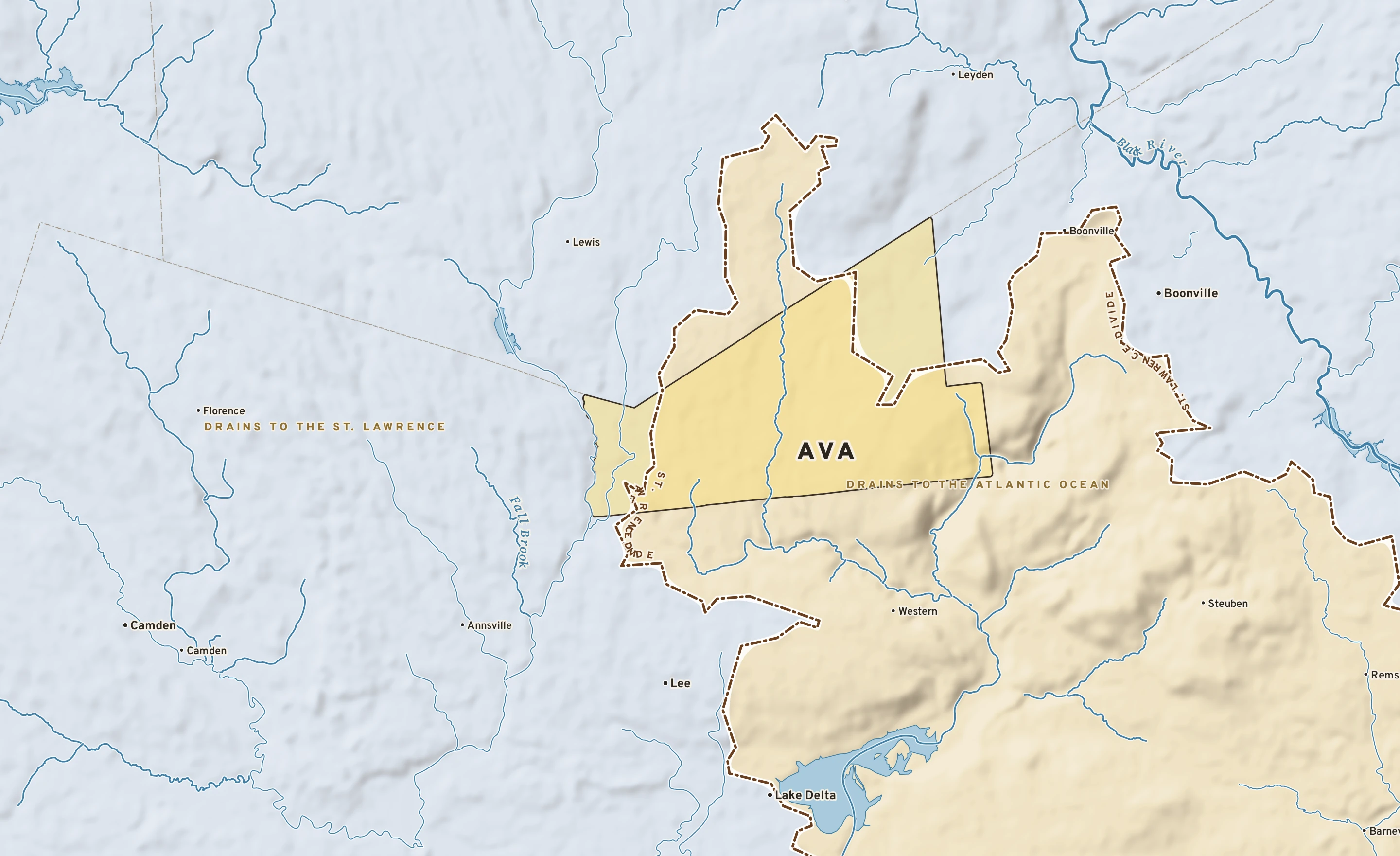 Shaded-relief atlas plate of Ava, New York: rivers, roads, the city limits and where the water drains.
