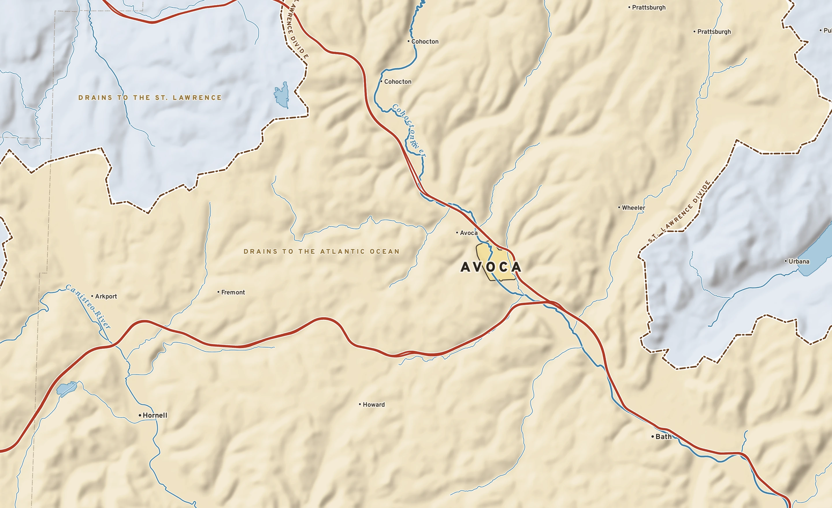 Shaded-relief atlas plate of Avoca, New York: rivers, roads, the city limits and where the water drains.